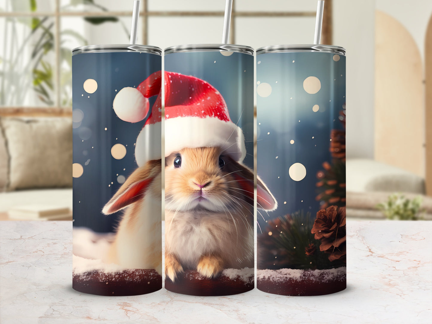 Cute Festive Bunny in Santa Hat Tumbler Flask