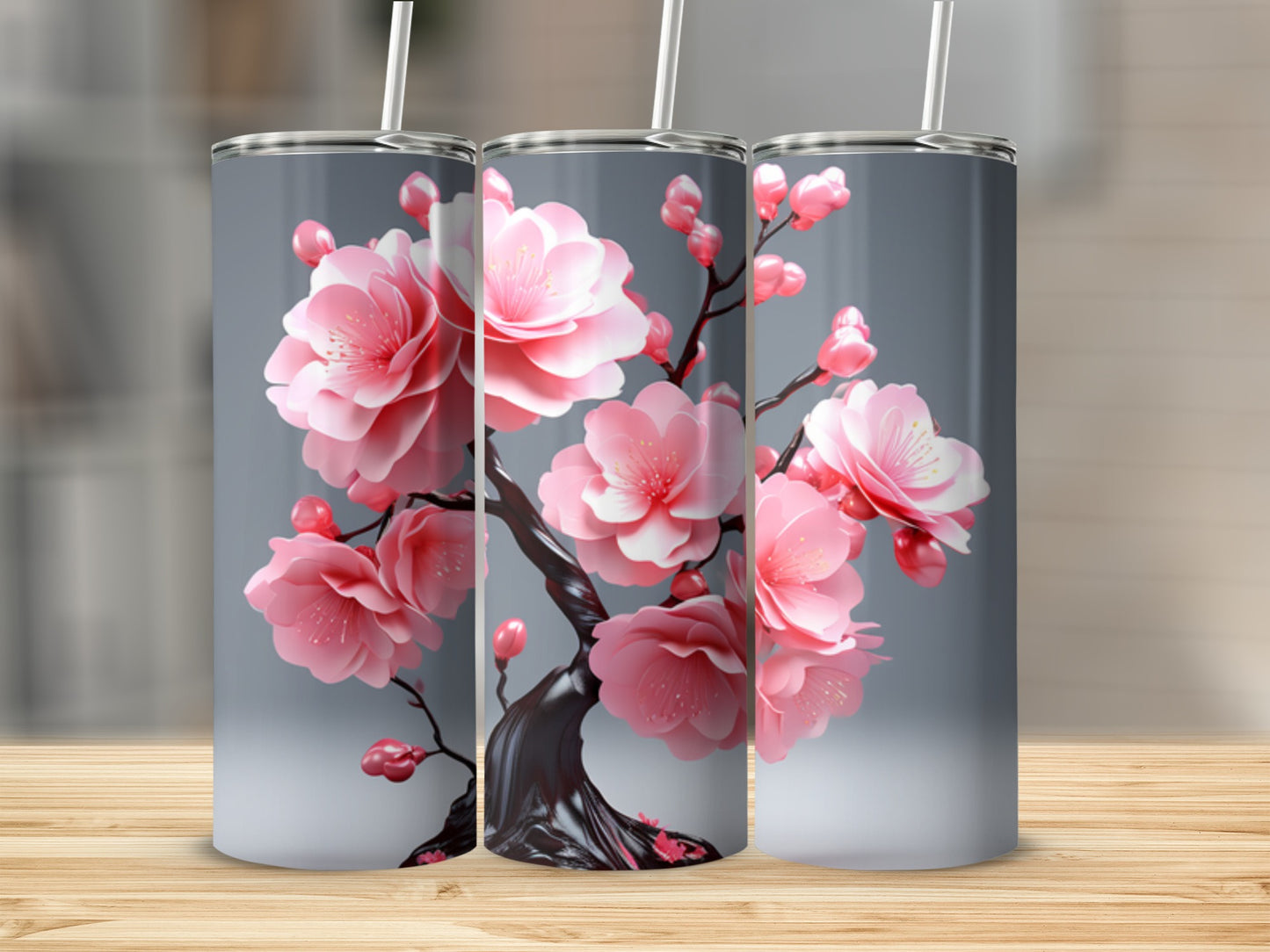 Three tumblers featuring a close-up of blooming pink cherry blossoms on a dark branch.
