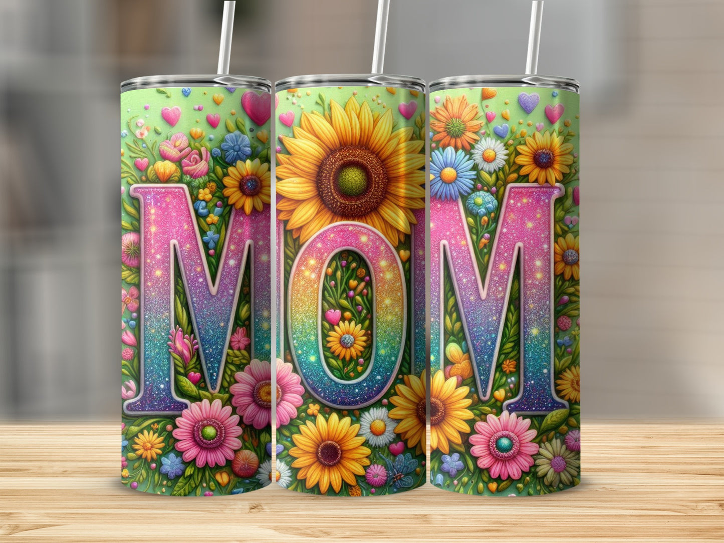 Three tumblers with "MOM" in colorful floral letters and glitter.