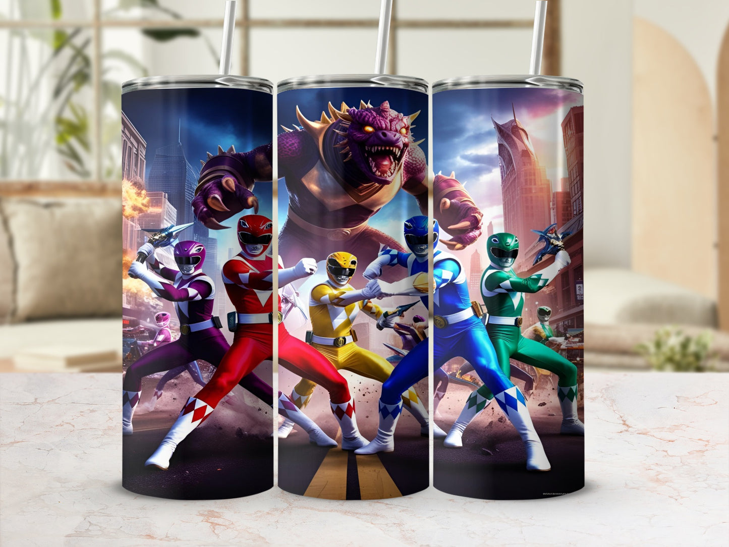 Three Power Rangers in formation with a monster in the background.