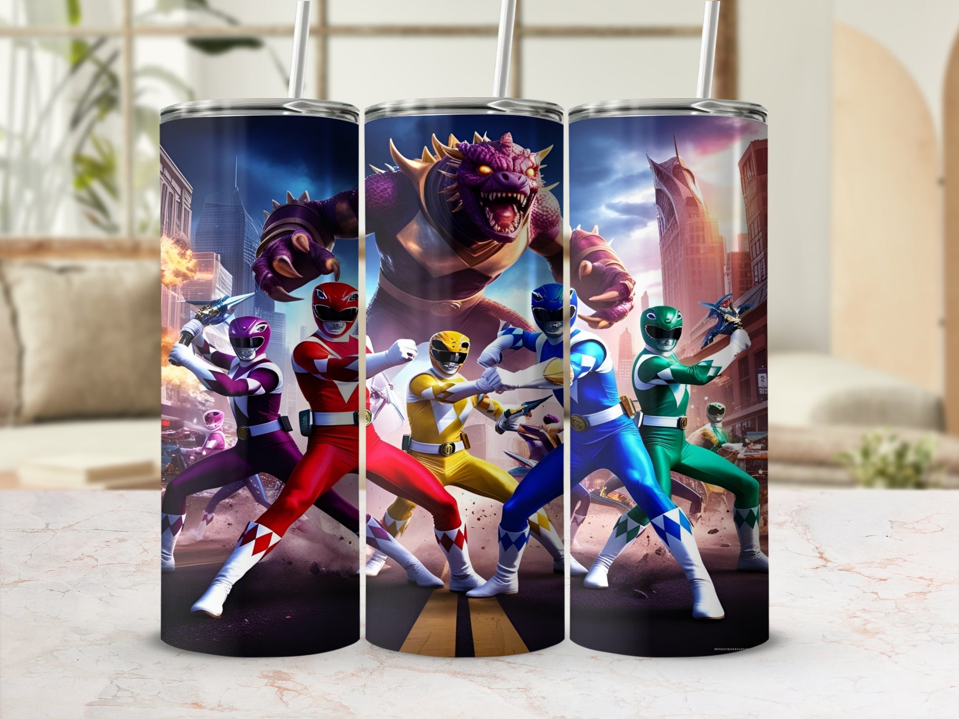 Three Power Rangers in formation with a monster in the background.