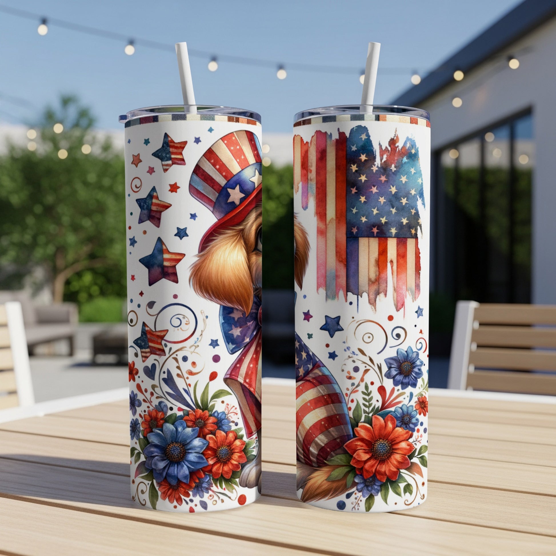 Golden retriever in patriotic hat with American flag and floral design.