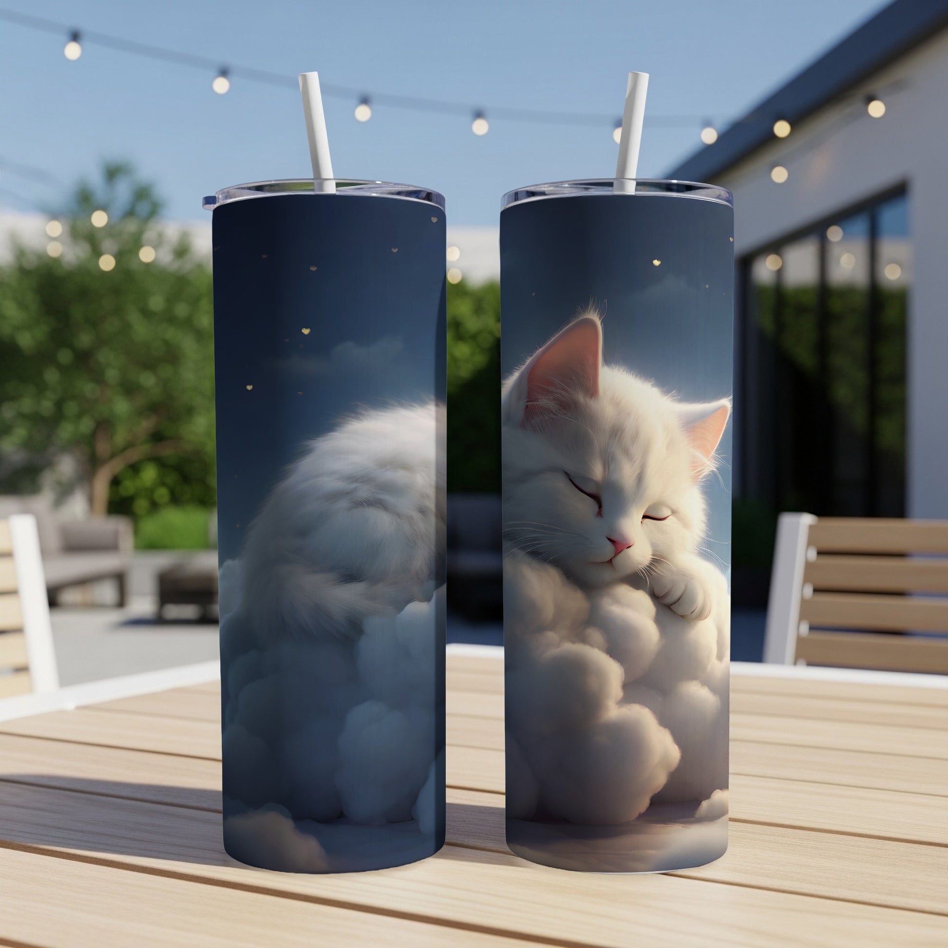 Two tall tumblers with a sleeping white cat on clouds design.