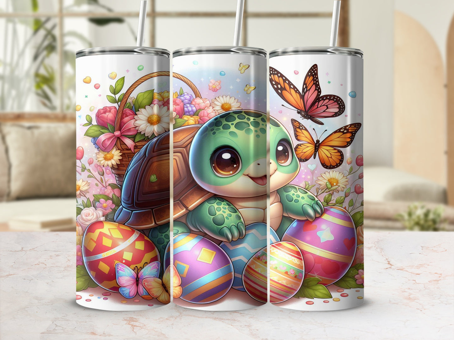 Cute cartoon turtle surrounded by decorated Easter eggs and butterflies.