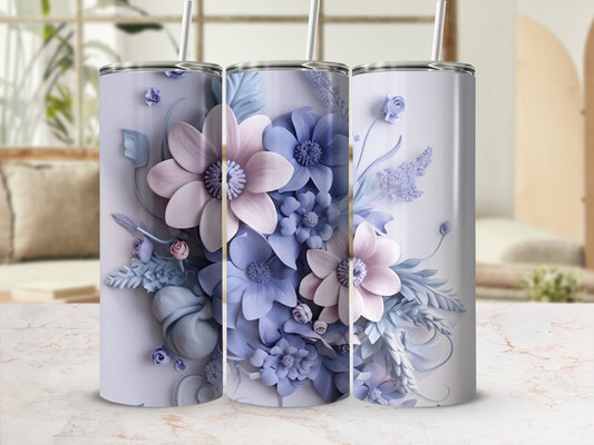 Three tumblers with a floral pattern in shades of purple and pink.