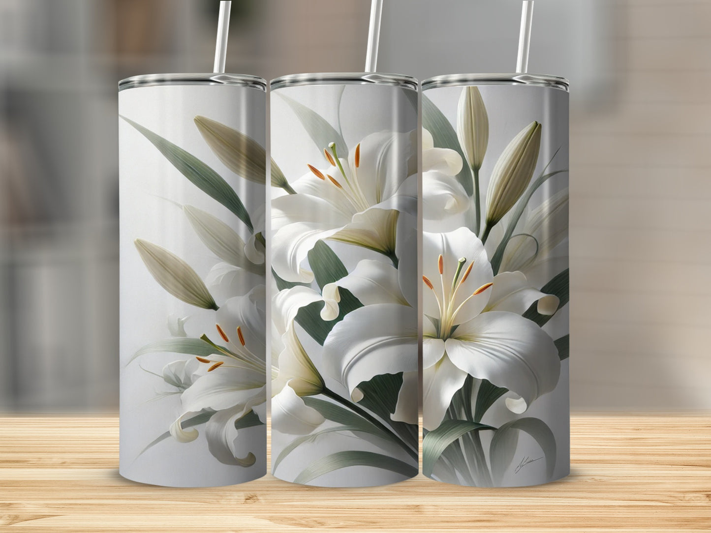 Beautiful White Lily Floral Design Tumbler  Cup