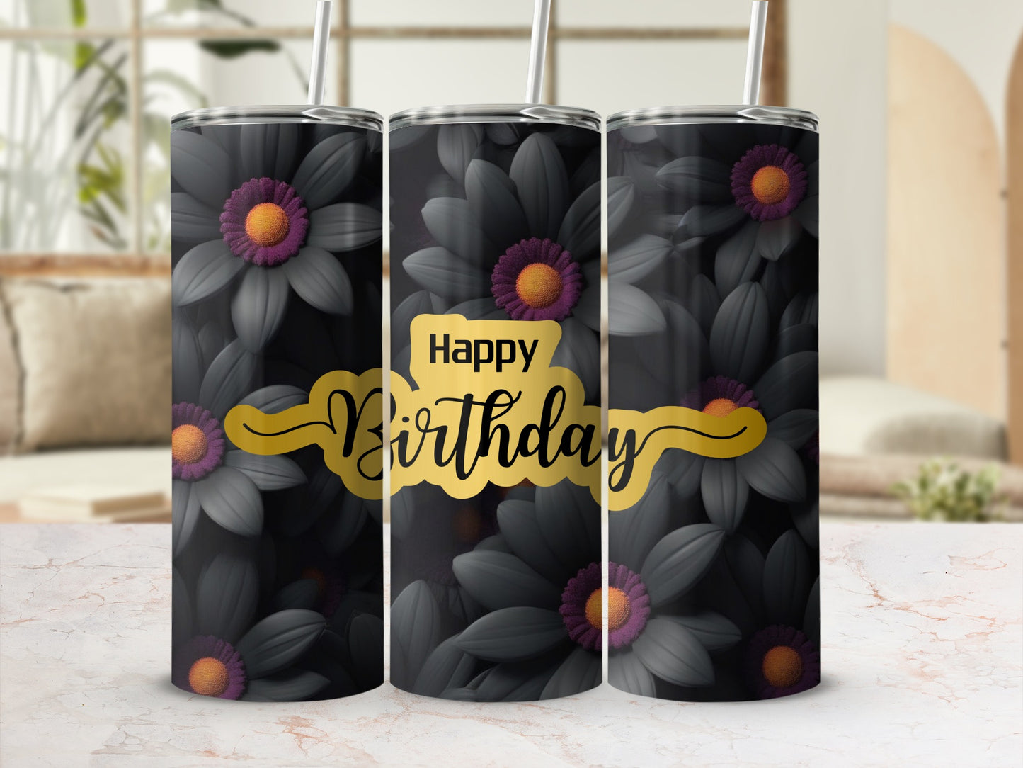 Black floral tumbler with "Happy Birthday" text and gold ribbon.