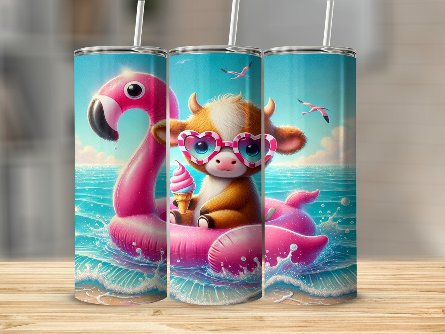Cute Cow with Flamingo Float and Ice Cream Tumbler