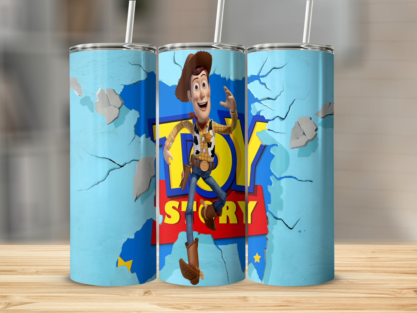 Woody from Toy Story bursts through a blue, cracked wall.