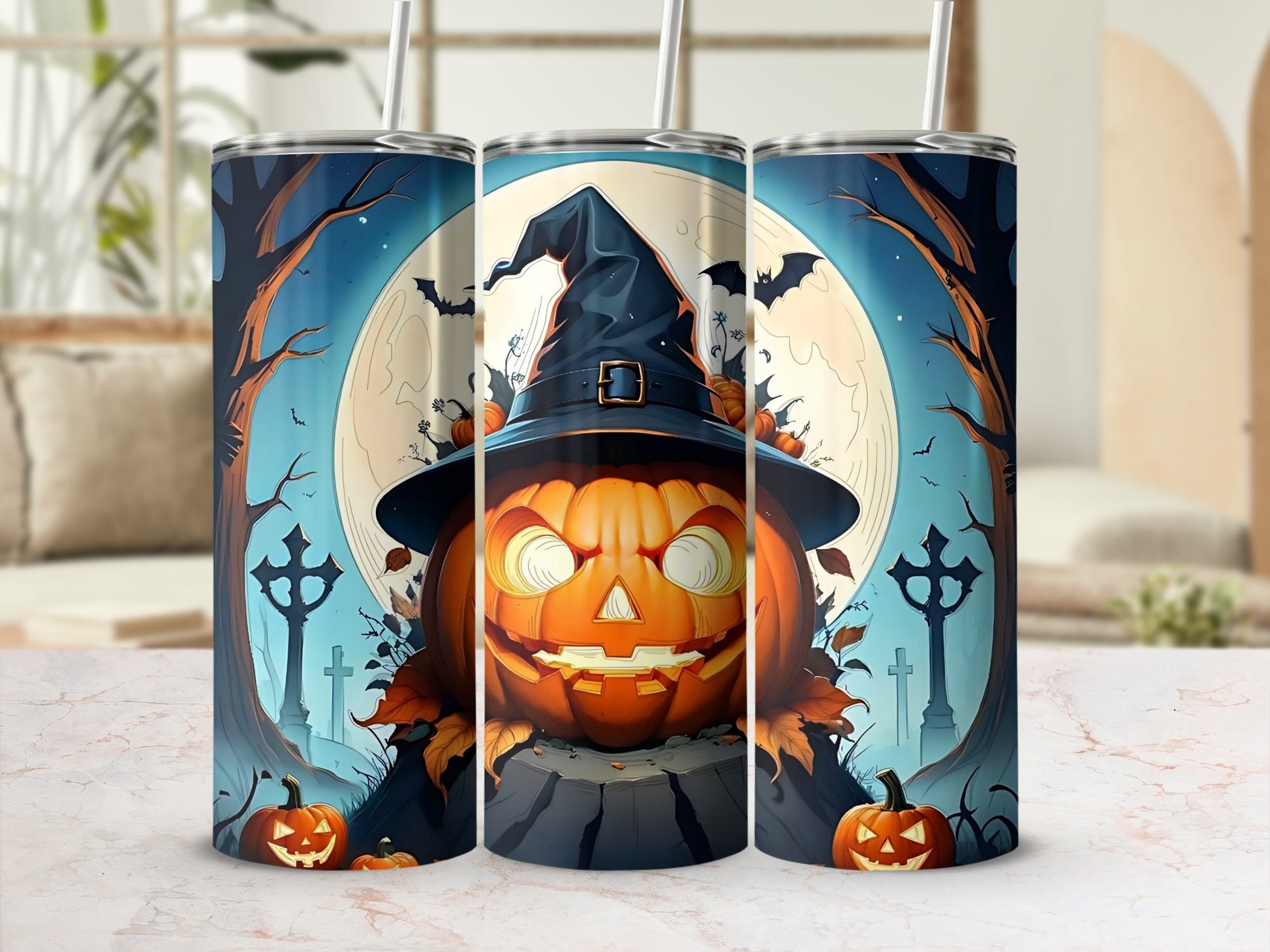 Halloween themed tumbler with jack-o'-lantern, witch hat, bats, and moon.