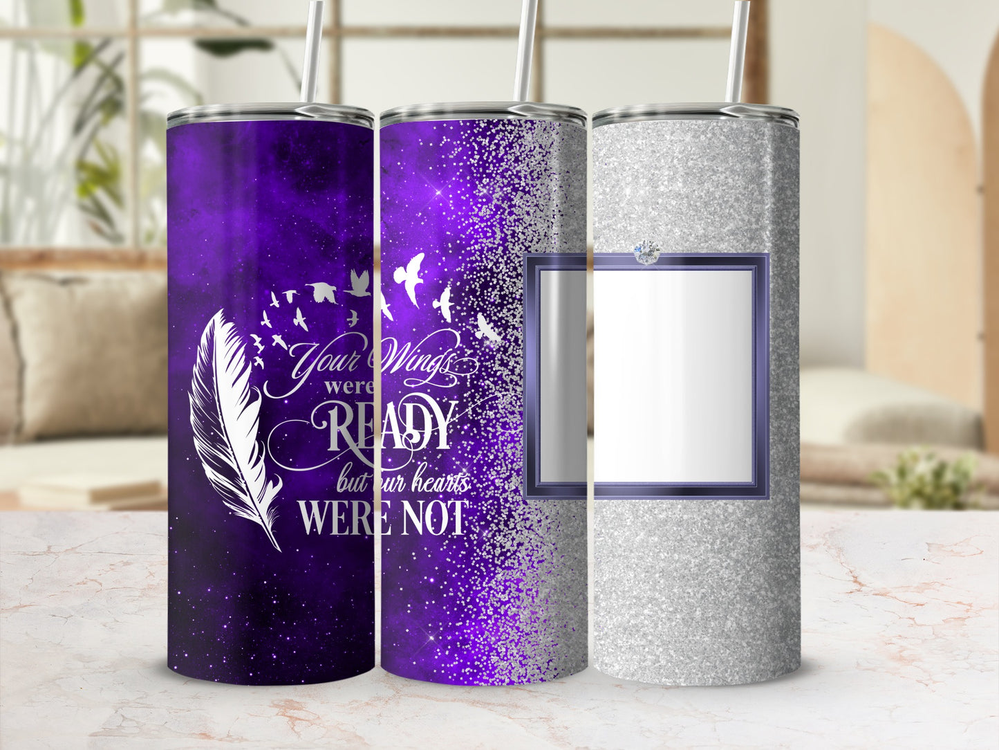 Three tumblers with purple gradient, feather, and glitter designs.