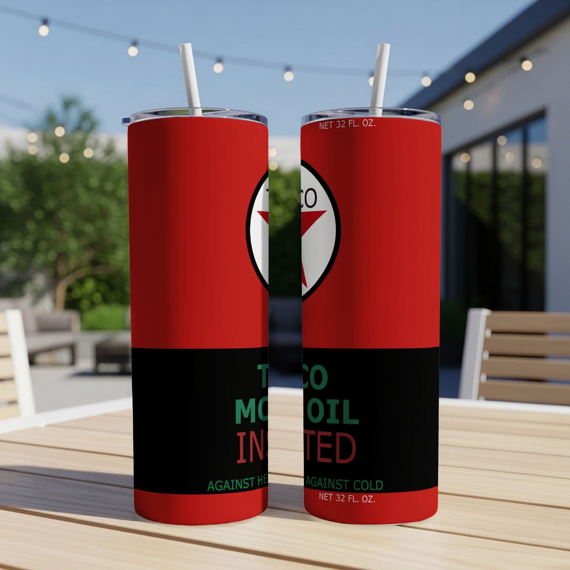 Texaco Motor Oil tumbler with red, white, and green logo and text.