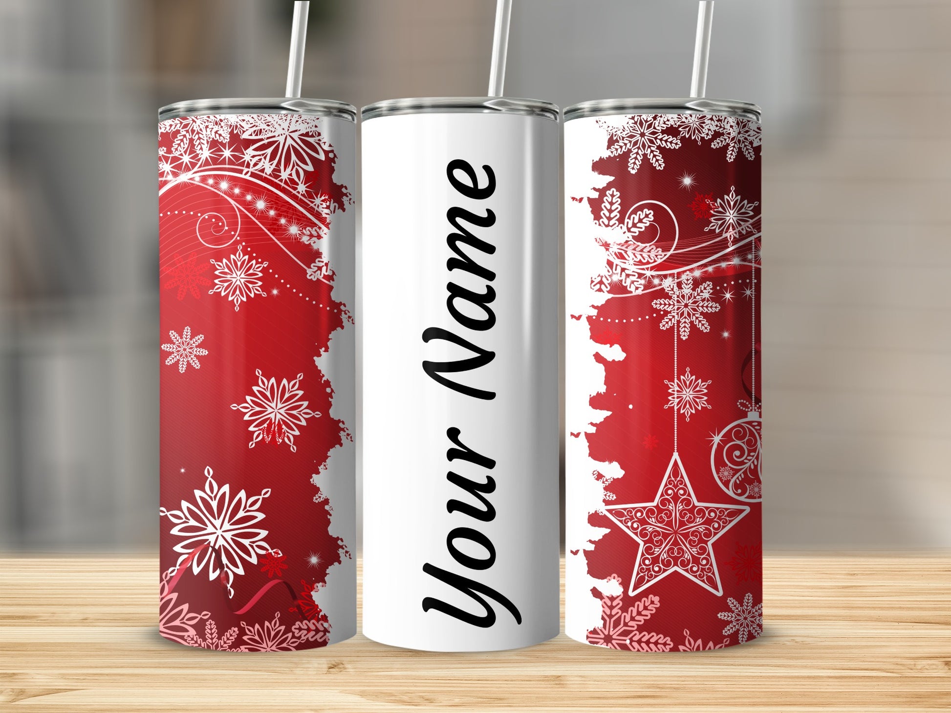 Personalized Red Christmas Tumbler with Snowflakes Design