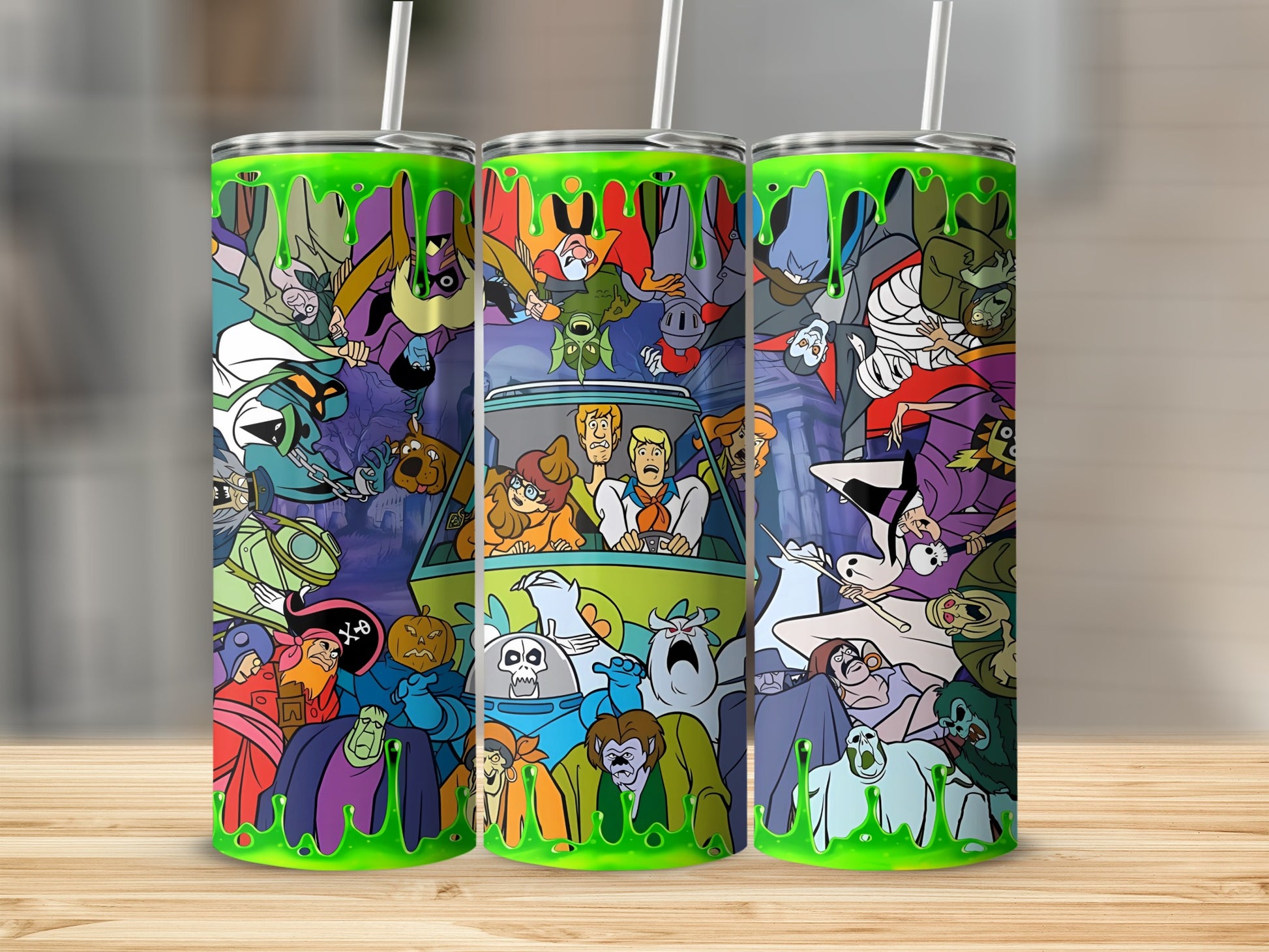 Scooby-Doo characters in a spooky, cartoon style with dripping green slime.