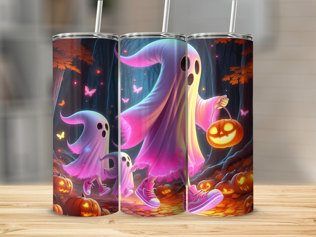 Three tumblers with glowing ghosts, pumpkins, and butterflies on a dark forest background.