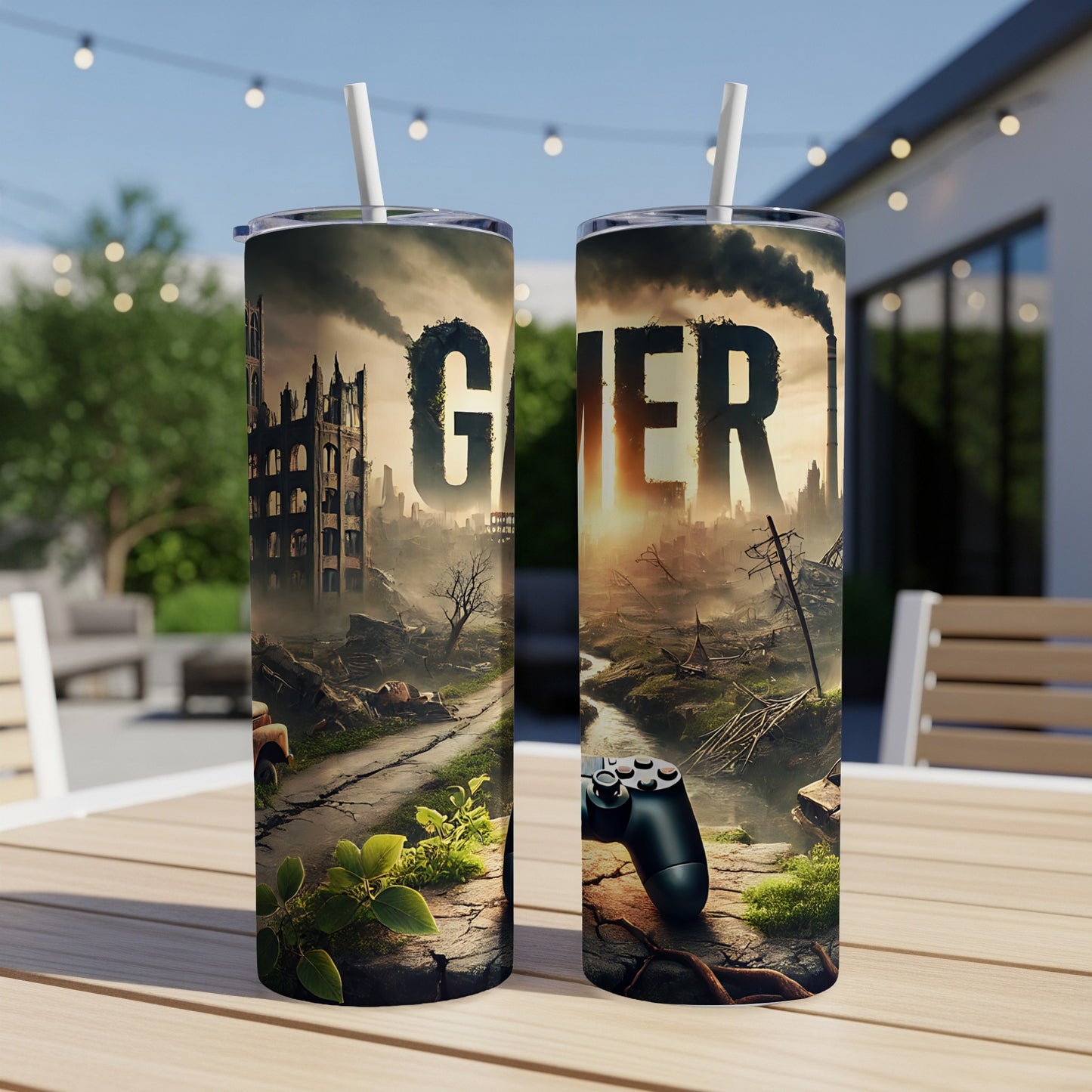 Gamer tumbler featuring post-apocalyptic cityscape and video game controller.