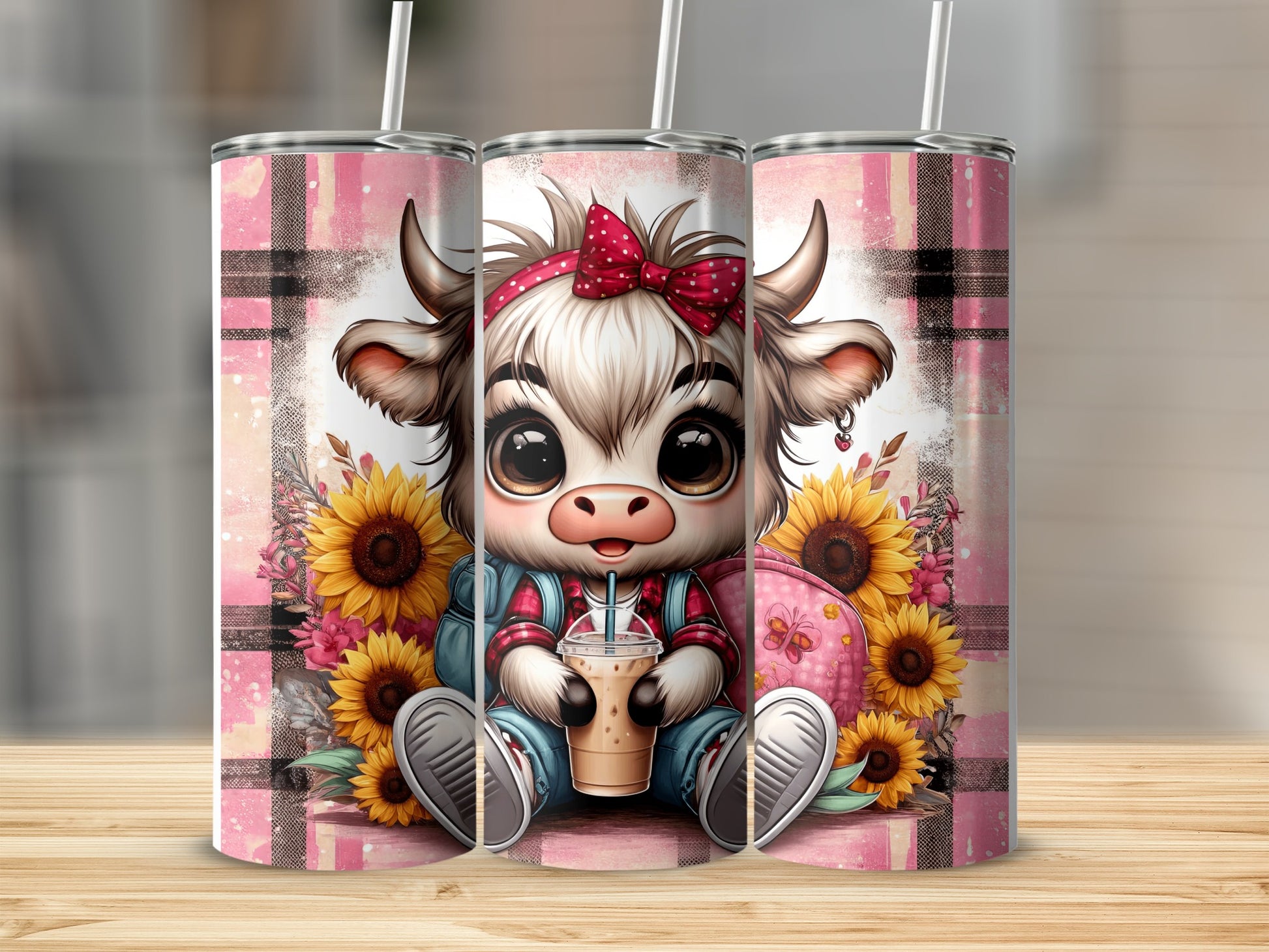 Cute cartoon cow with sunflowers holding a coffee cup, on a plaid background.