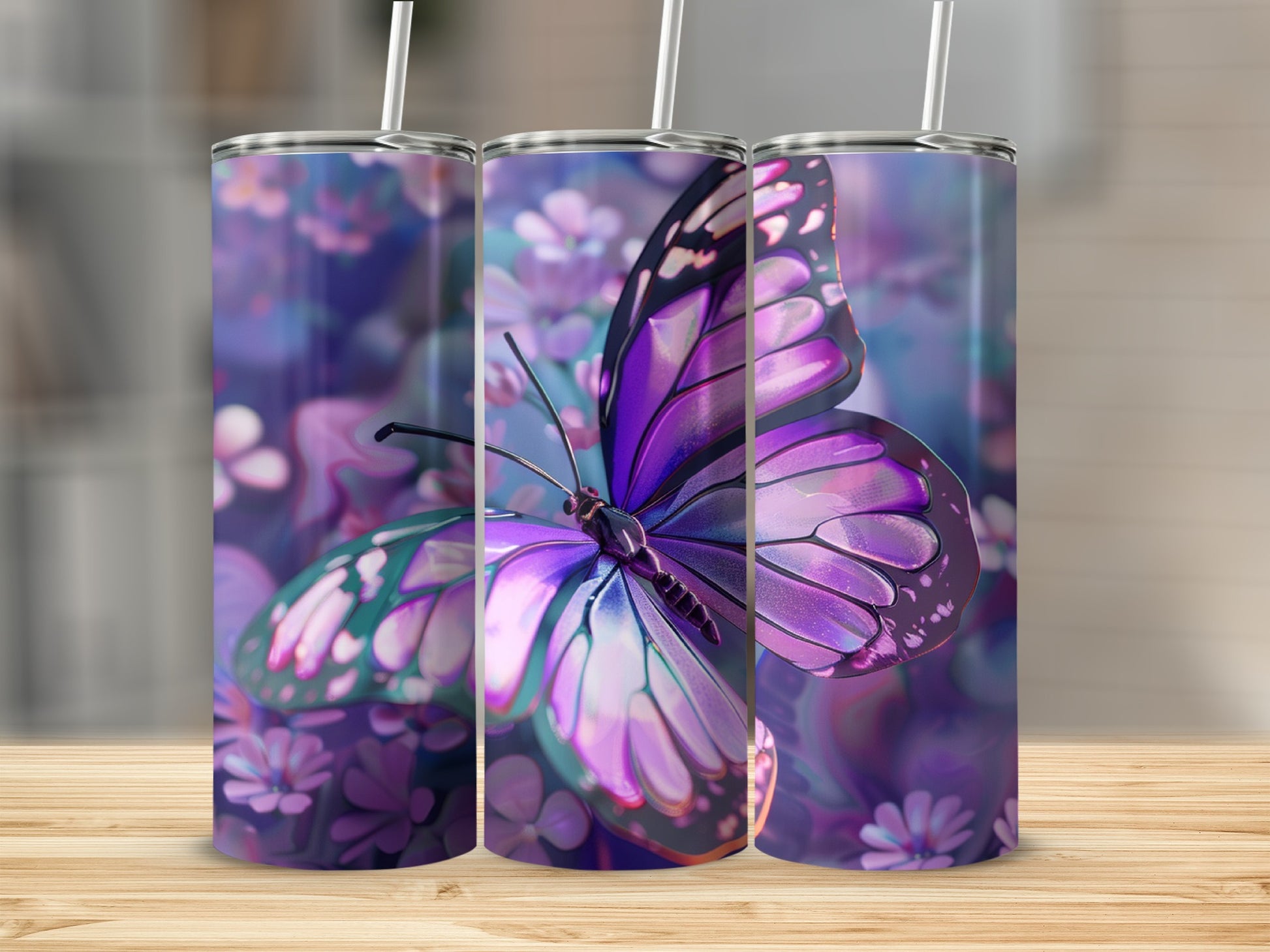 Purple butterfly with floral accents on a tumbler.