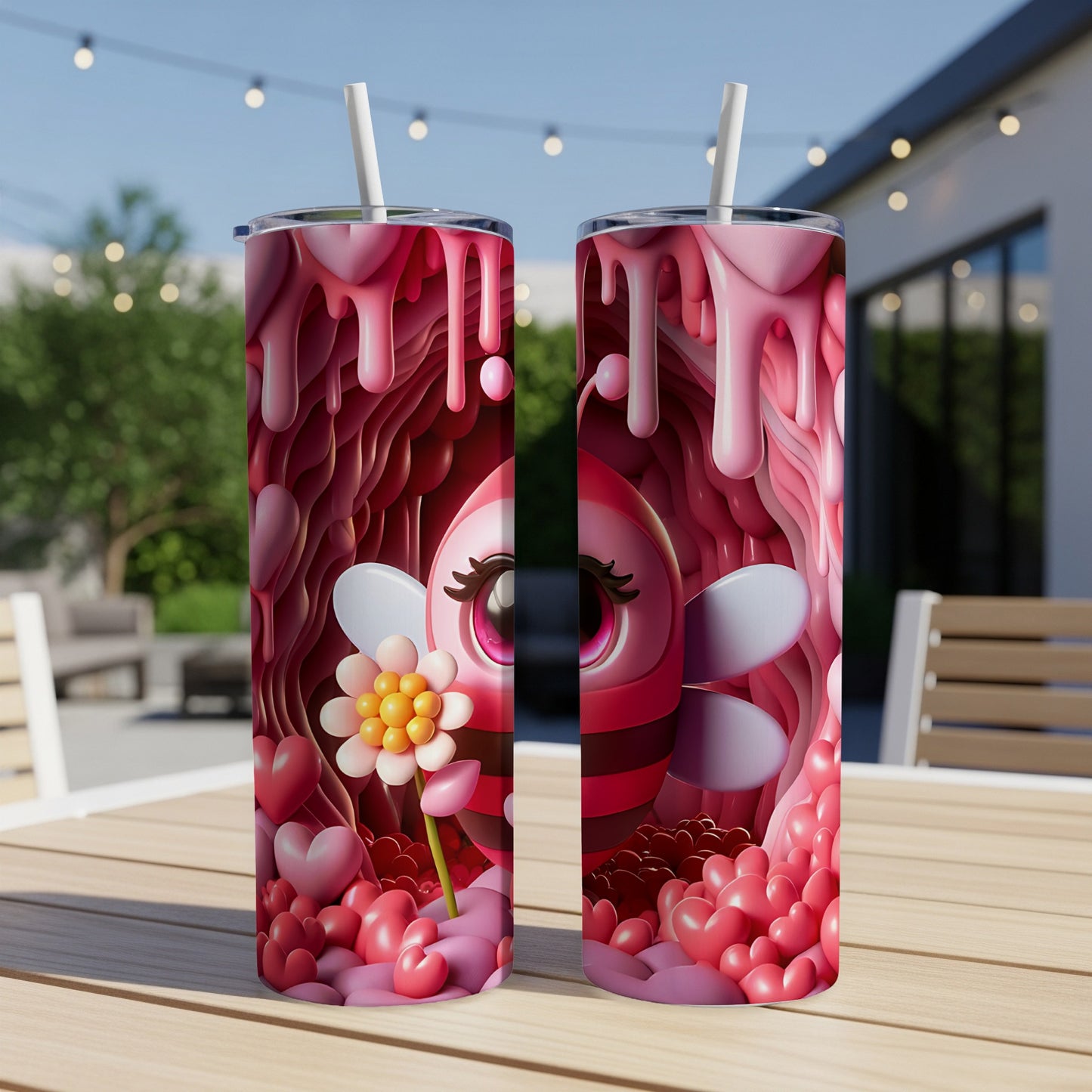 Pink and red bee tumbler with hearts and dripping candy.