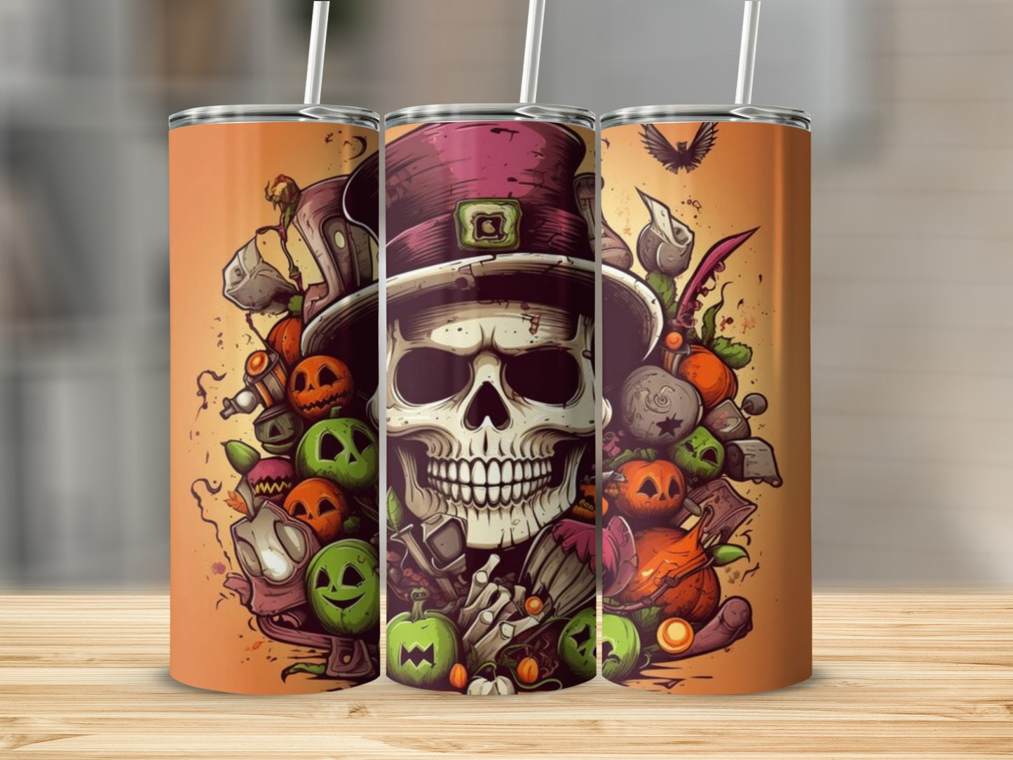 Halloween Skull and Pumpkins Design Tumbler Cup