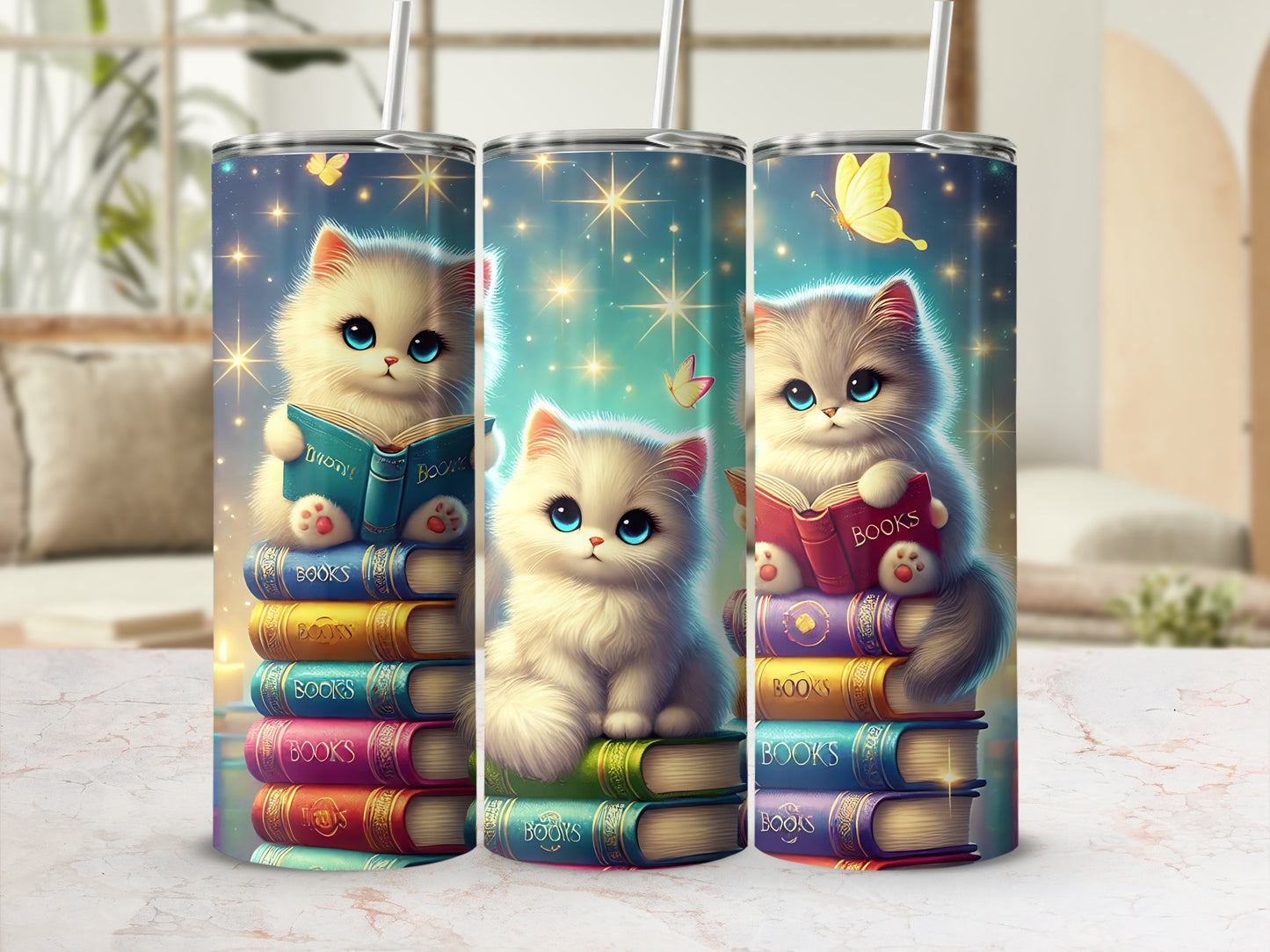 Fluffy white kitten sits on stack of colorful books, surrounded by stars and butterflies.