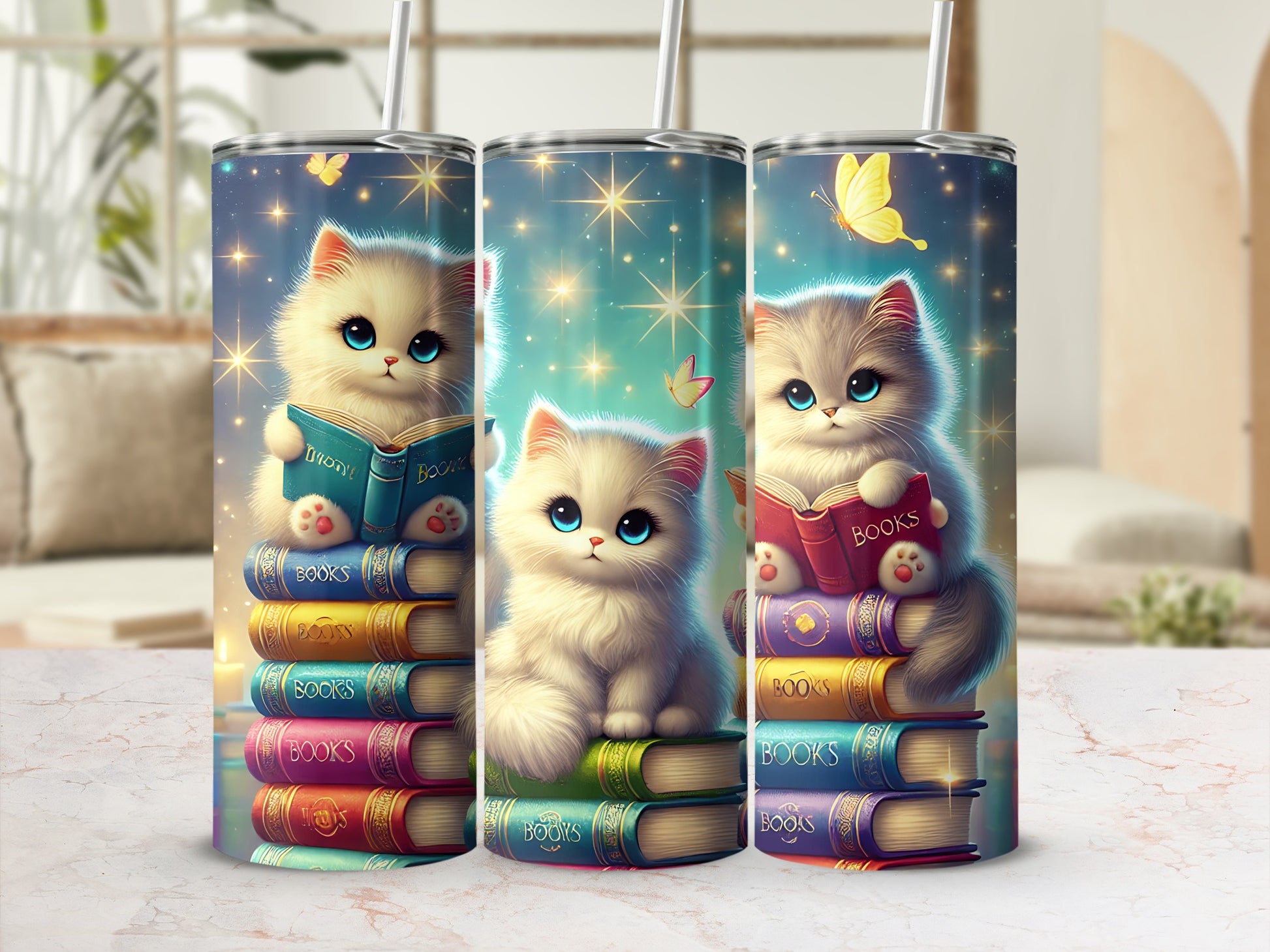 Fluffy white kitten sits on stack of colorful books, surrounded by stars and butterflies.
