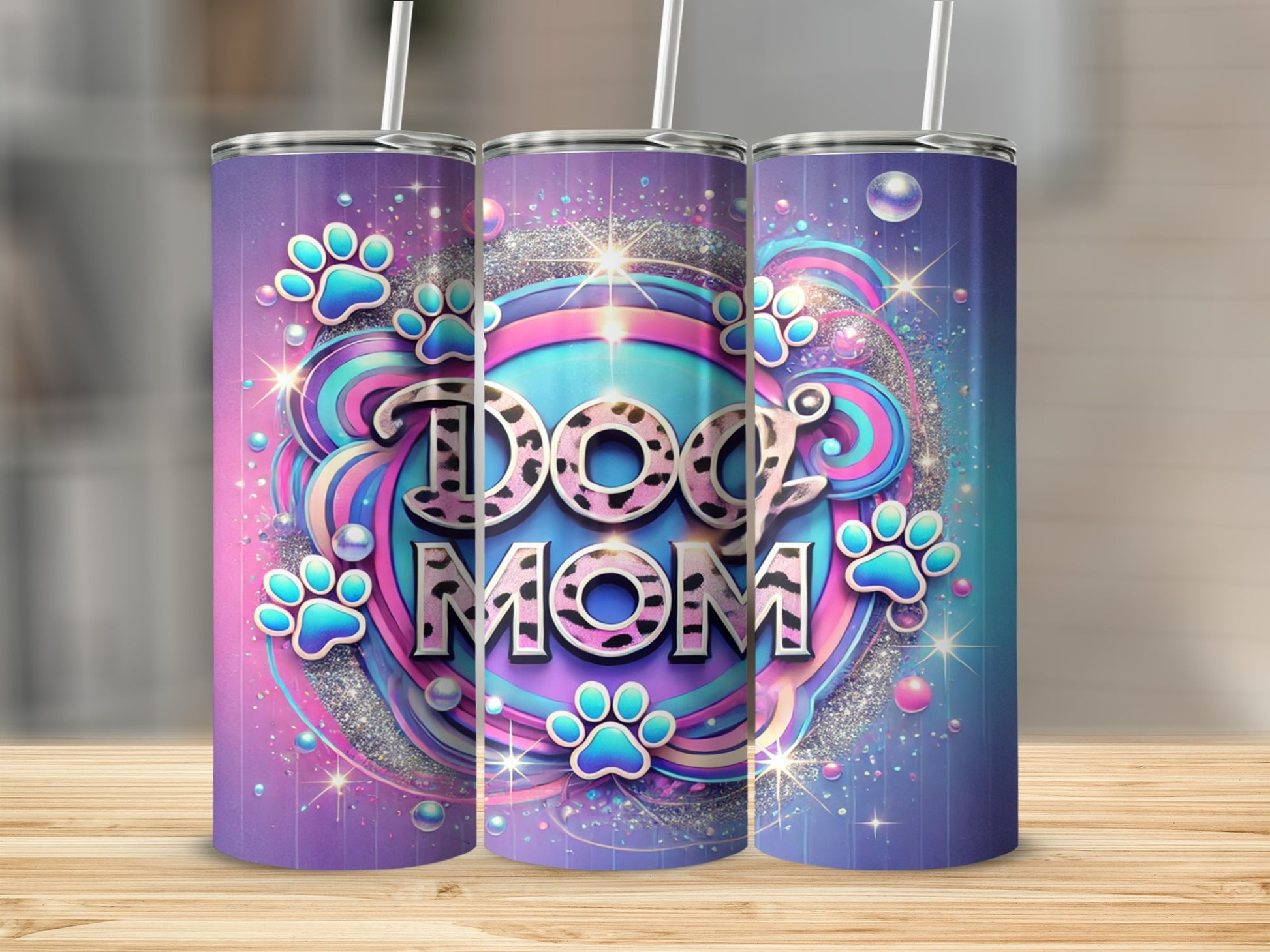 Dog Mom Glitter and Paw Prints Tumbler
