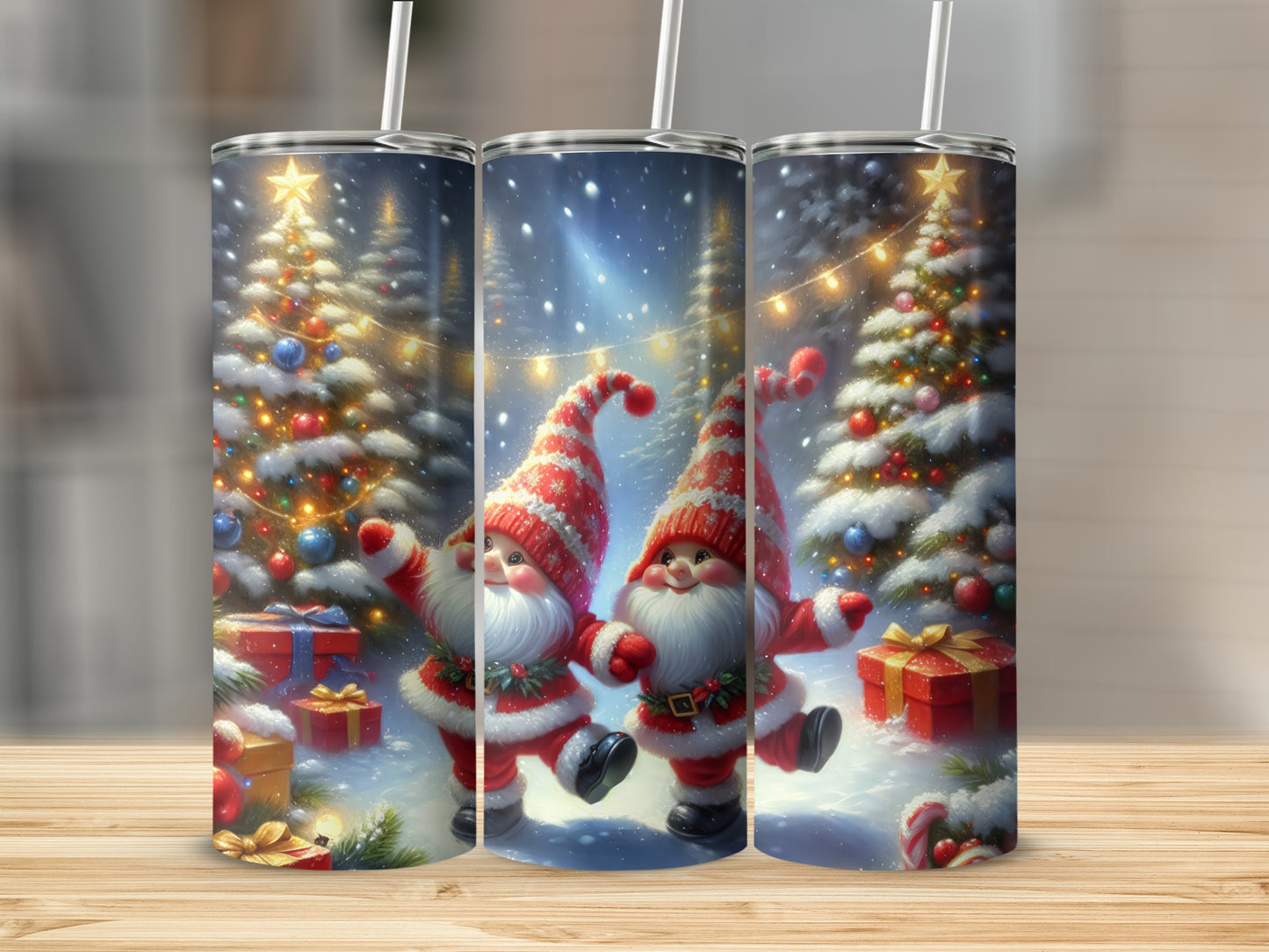 Christmas gnomes with presents and decorated trees.