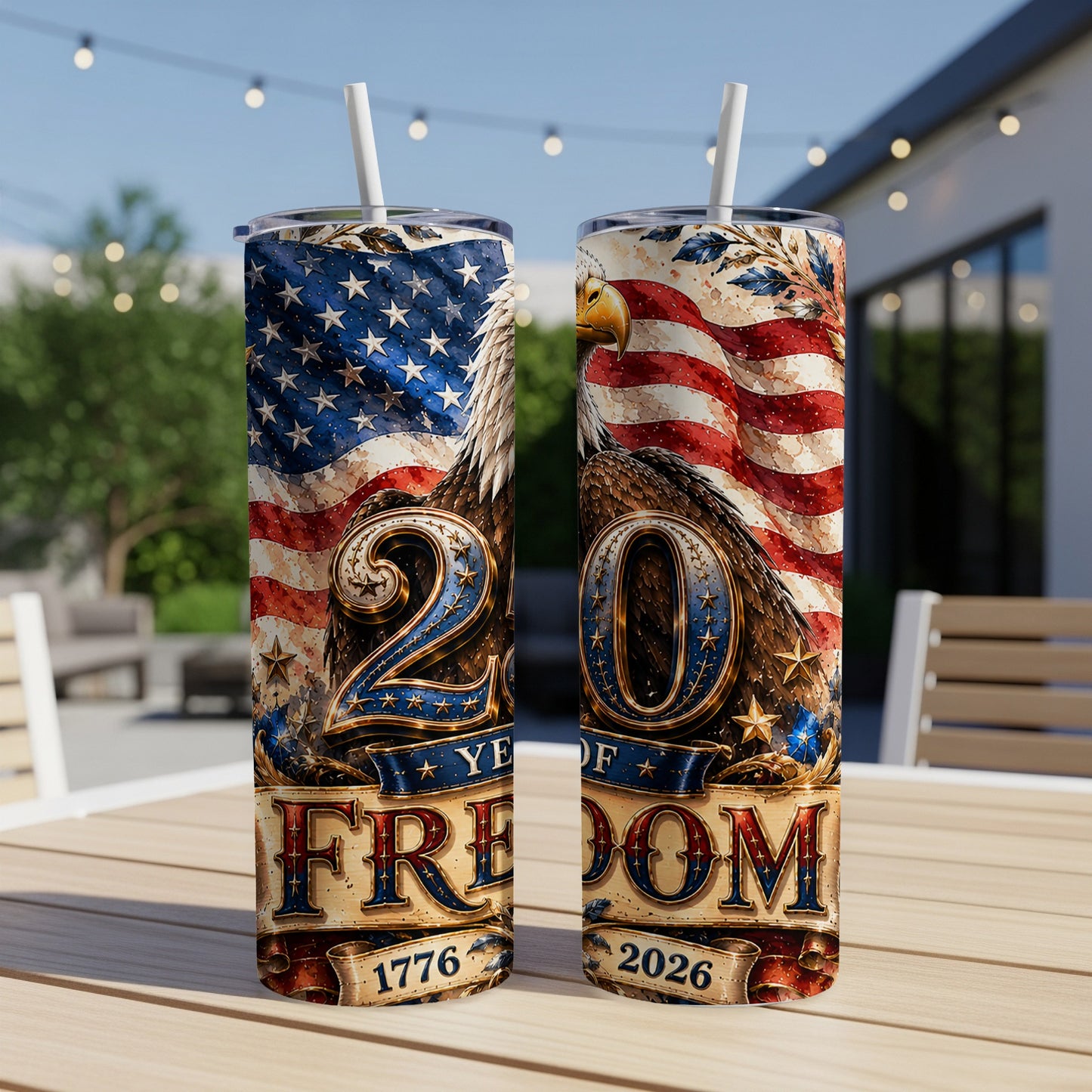 Two tumblers with eagle and American flag design celebrating 20 years of freedom, 1776-2026.