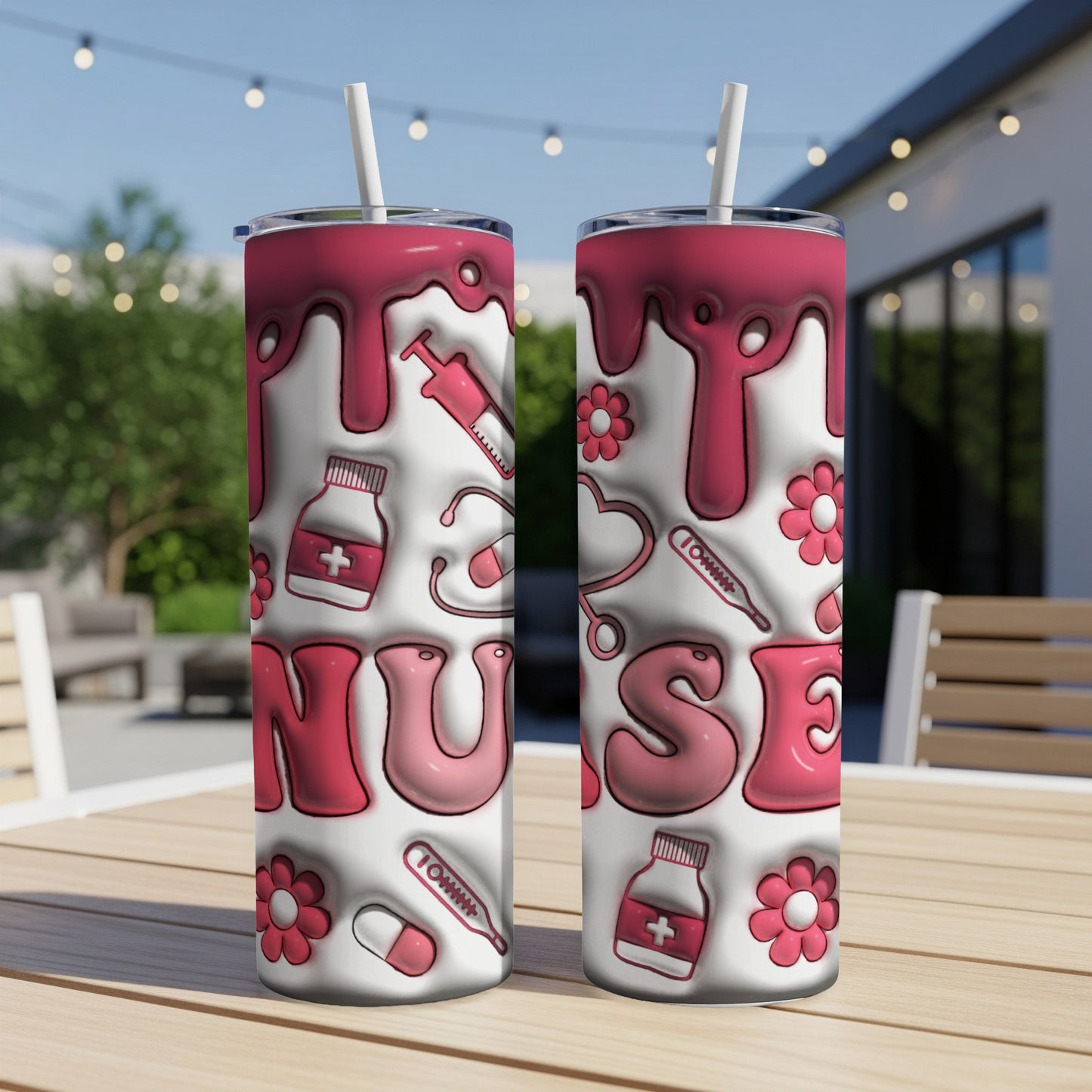Pink dripping text "NURSE" with medical icons on a patterned tumbler.