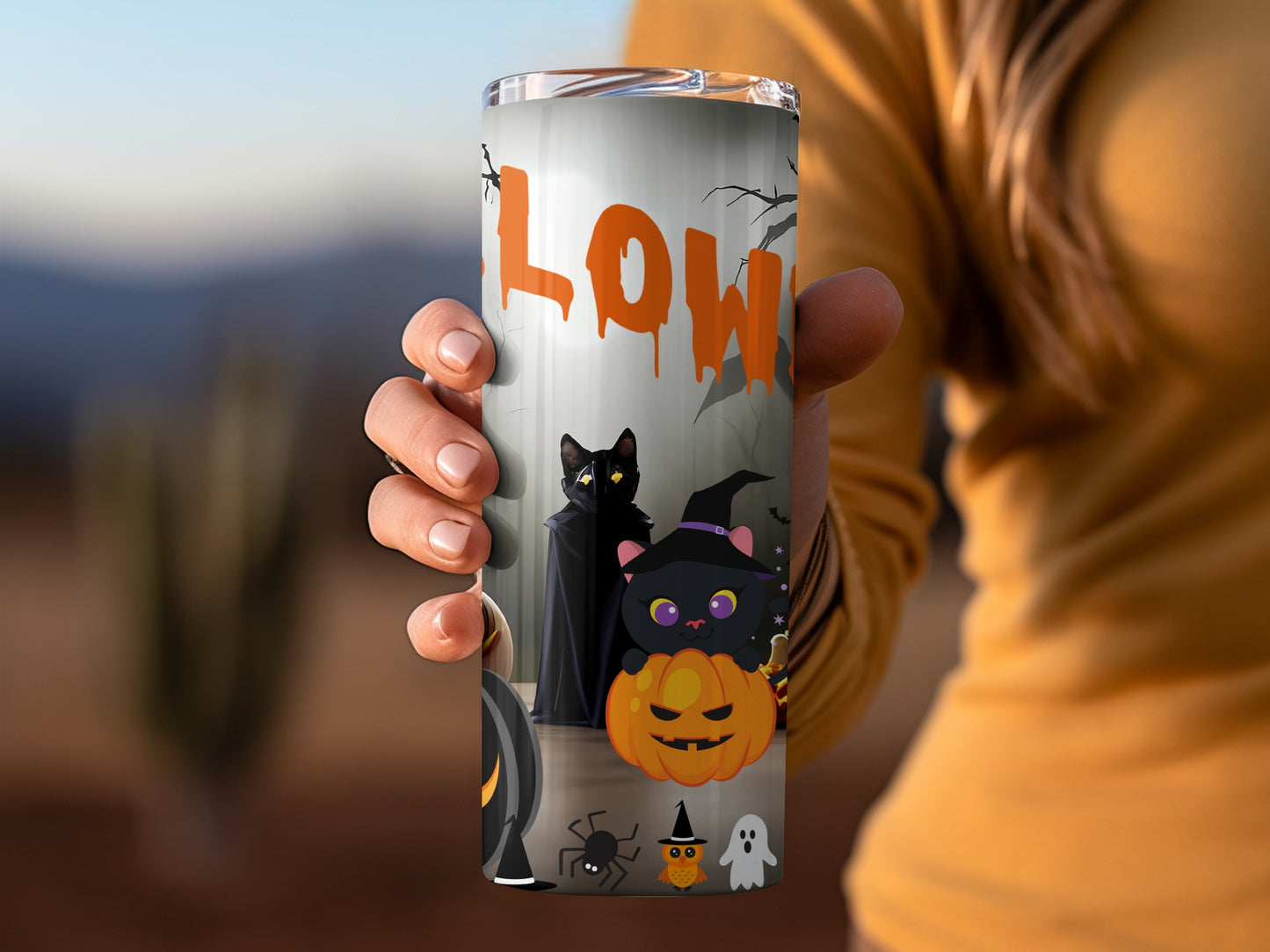 Cute Halloween Cat and Pumpkin Design Tumbler Cup