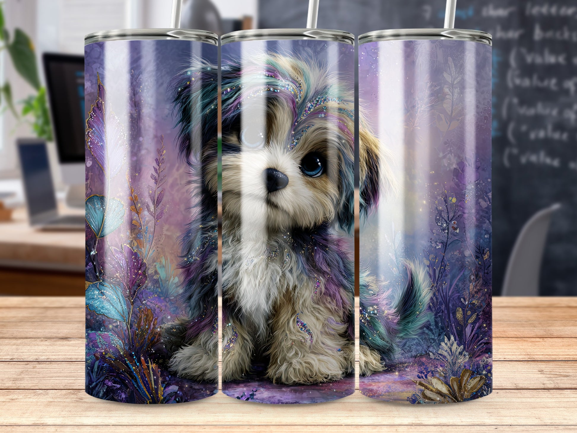 Cute Furry Dog with Butterflies Art Tumbler