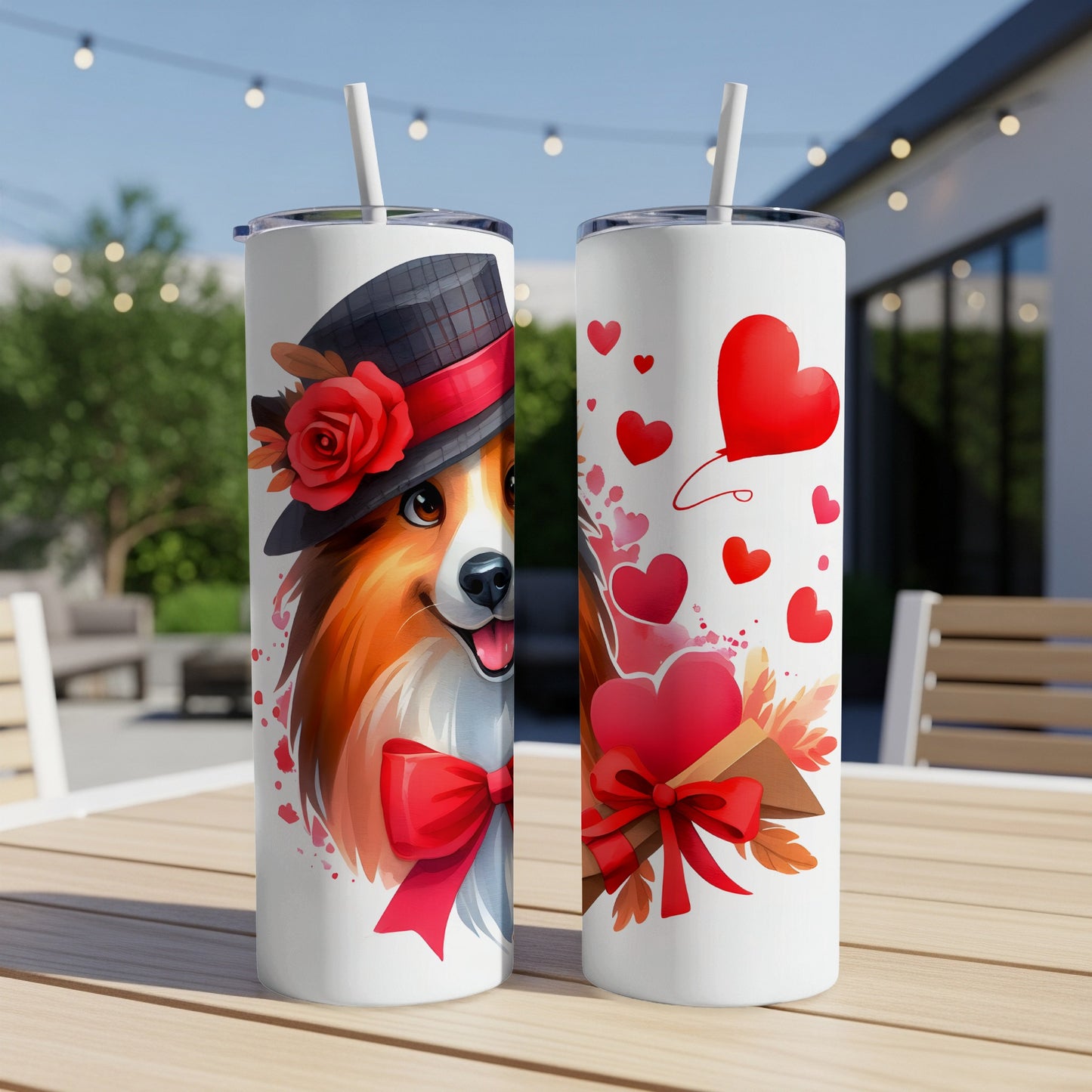 Two Valentine's Day themed tumblers with a dog and hearts.