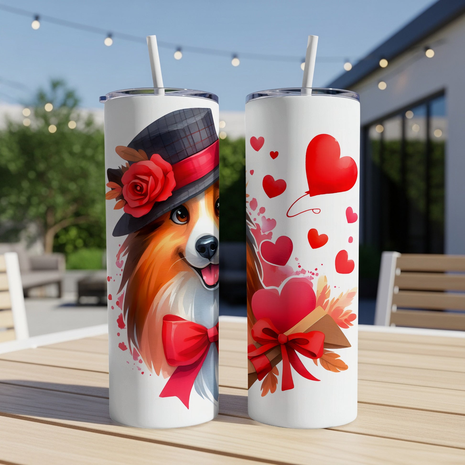 Two Valentine's Day themed tumblers with a dog and hearts.