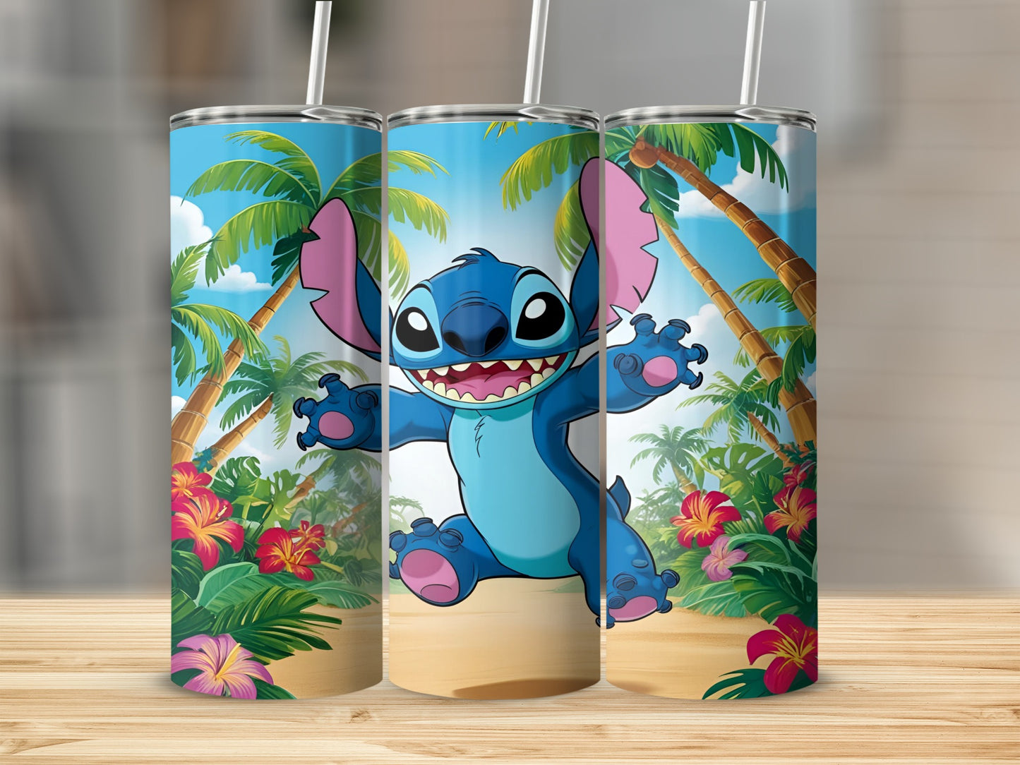 Stitch character in tropical setting on a blue tumbler with palm trees and flowers.