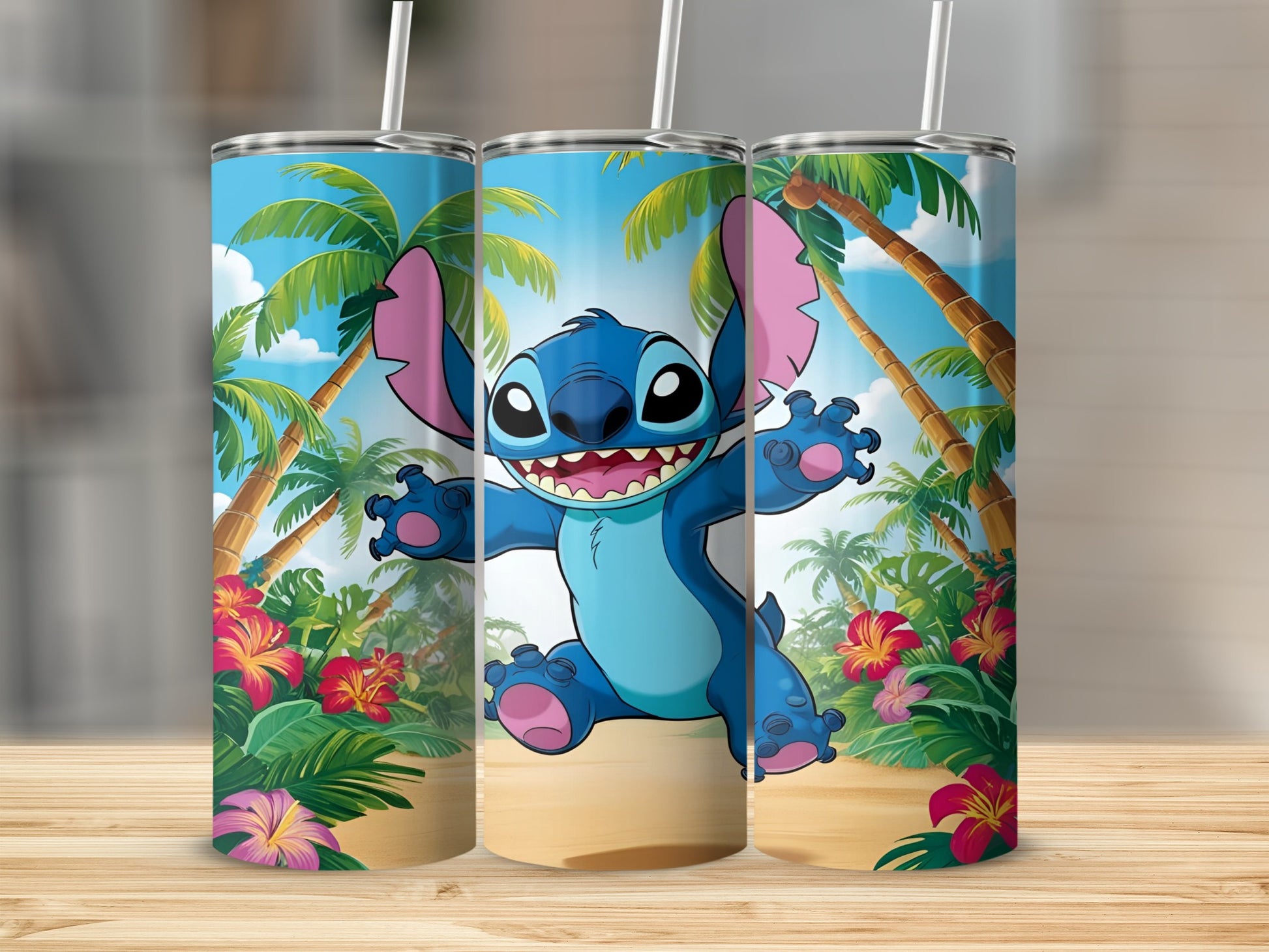 Stitch character in tropical setting on a blue tumbler with palm trees and flowers.