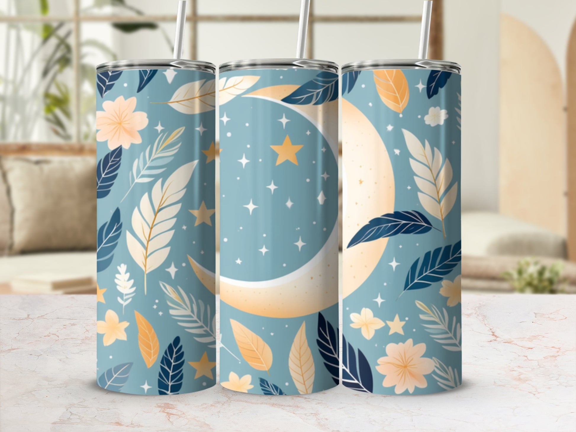 Three tumblers with moon, stars, leaves, and flower pattern.