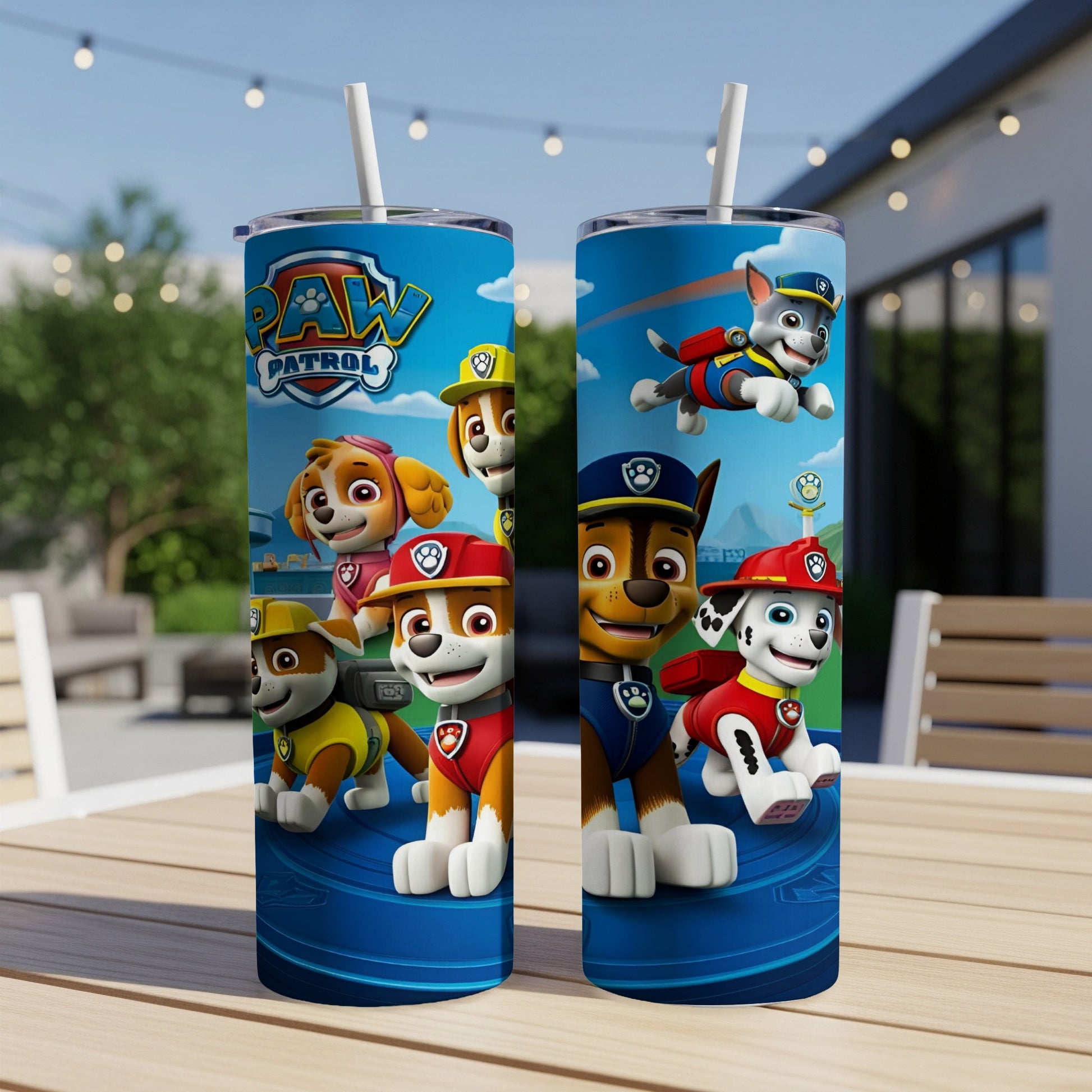Paw Patrol characters Chase, Marshall, Skye, and Rubble on blue background.