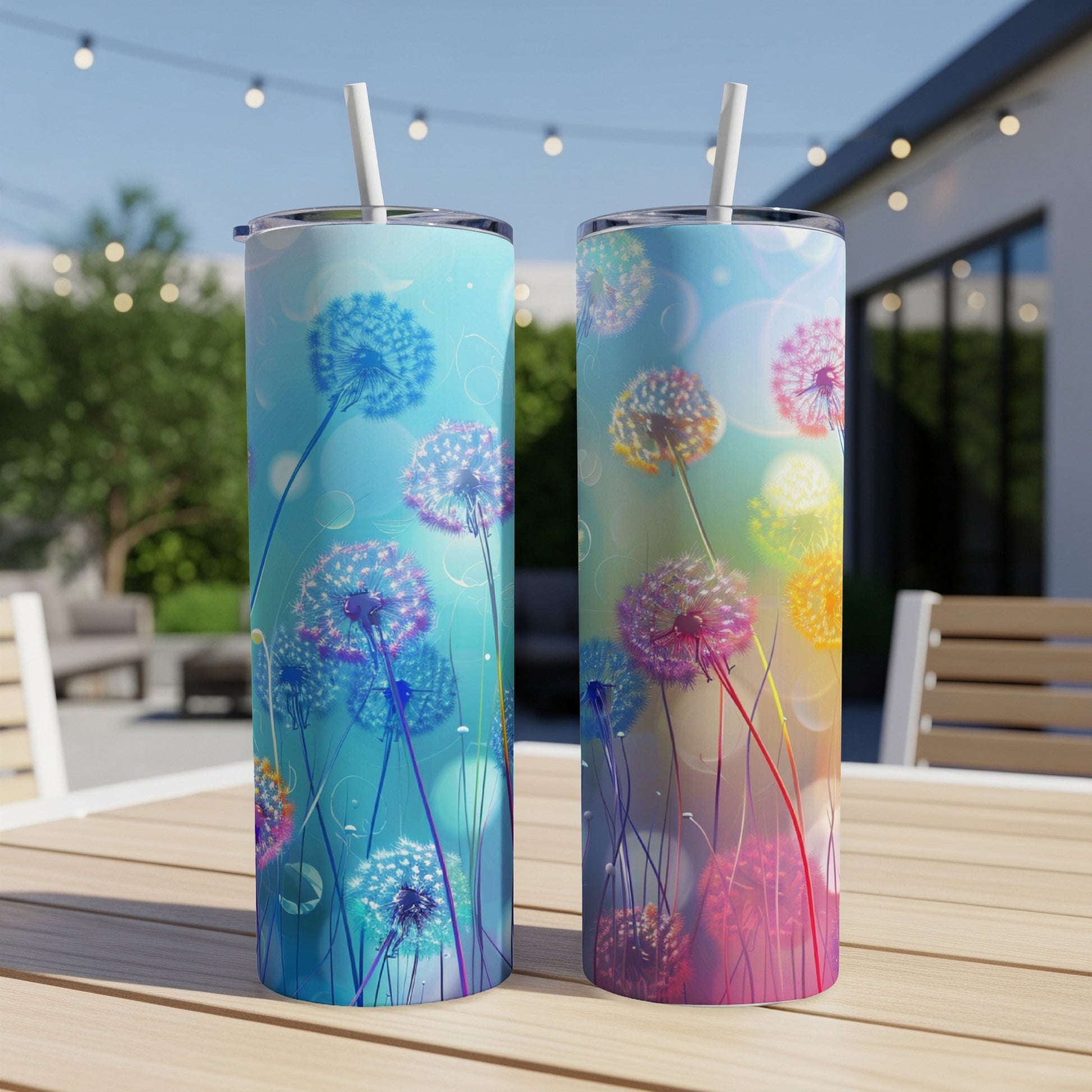 Two tumblers with dandelion designs, one blue, one colorful, on a table.