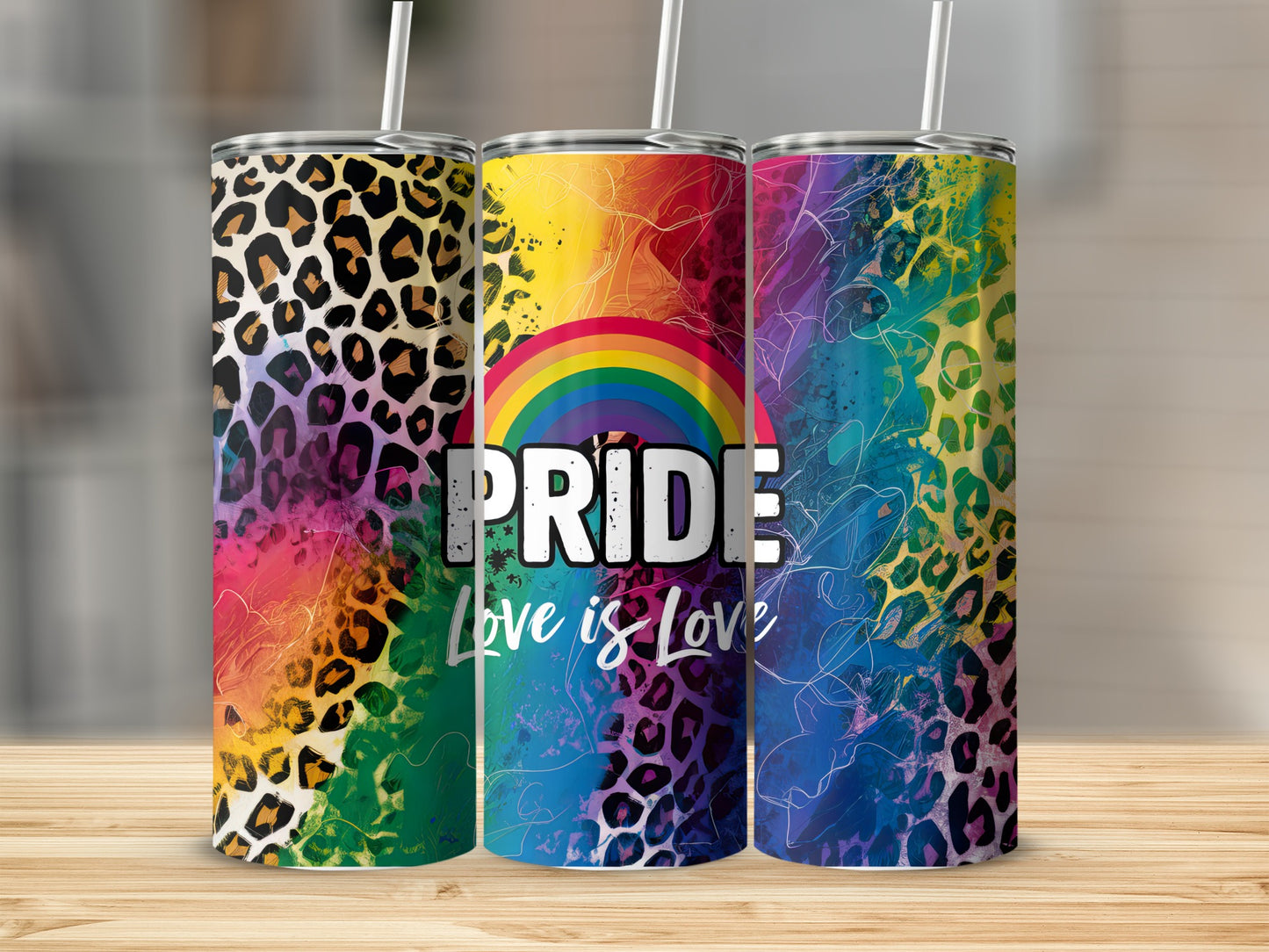 Rainbow leopard print tumbler with "Pride Love is Love" text.
