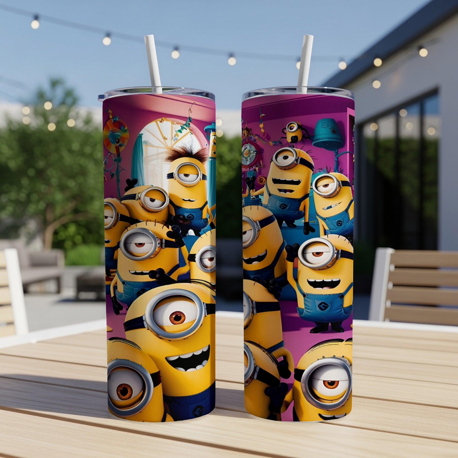 Two Minions-themed tumblers with straw, featuring multiple Minion characters.