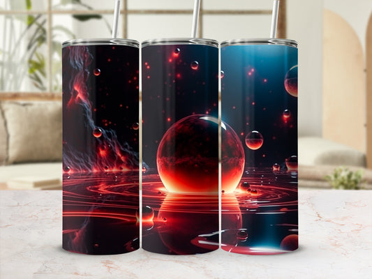 Three cylindrical tumblers with abstract red and black cosmic design.