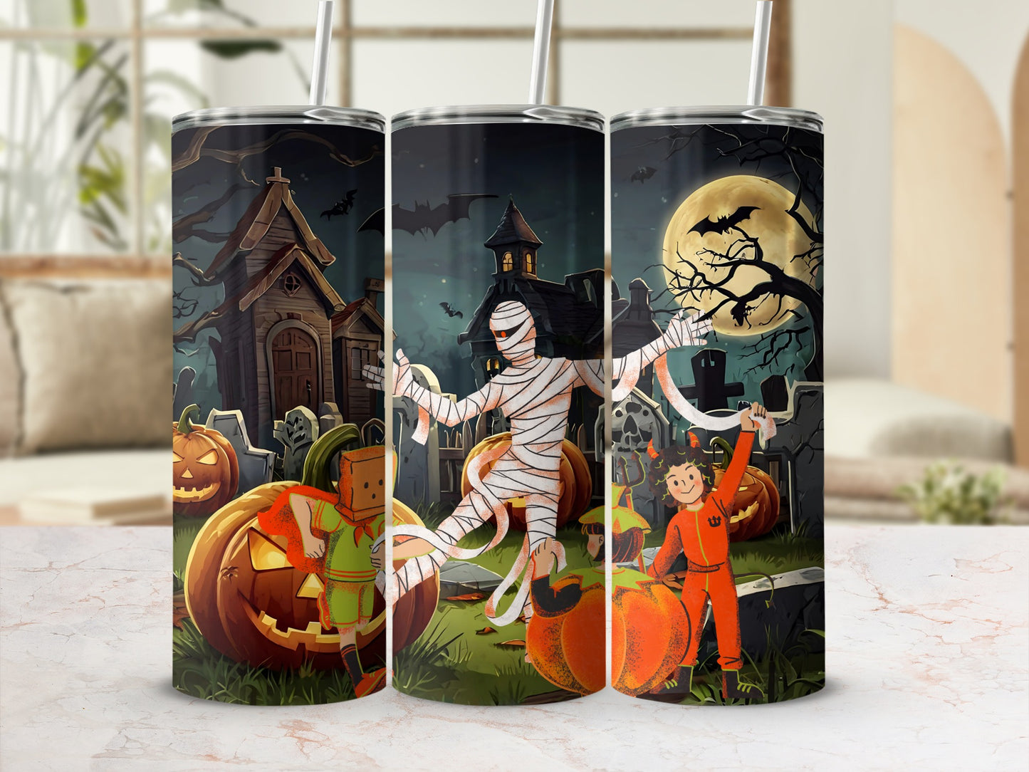 Spooky Halloween Themed Tumbler with Straw