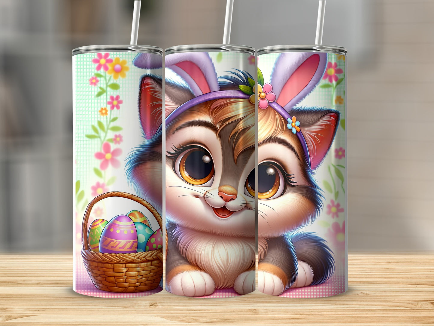 Cute cartoon kitten with Easter basket and bunny ears.