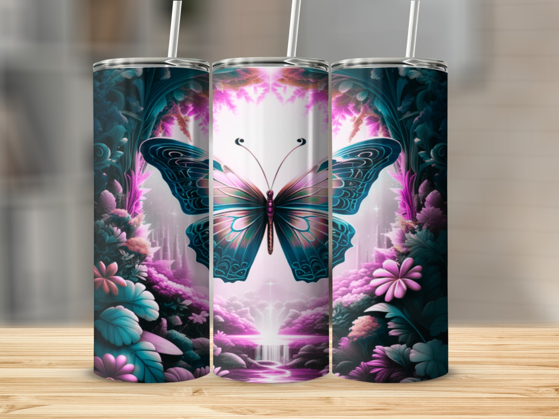 Pink and blue butterfly on a mystical forest background.