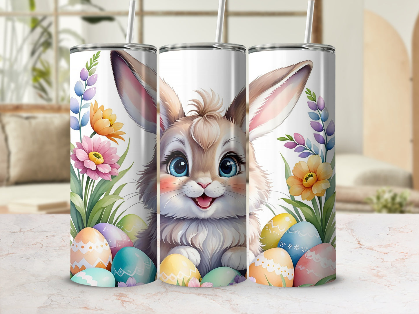 Easter bunny with colorful eggs and flowers on a tumbler.