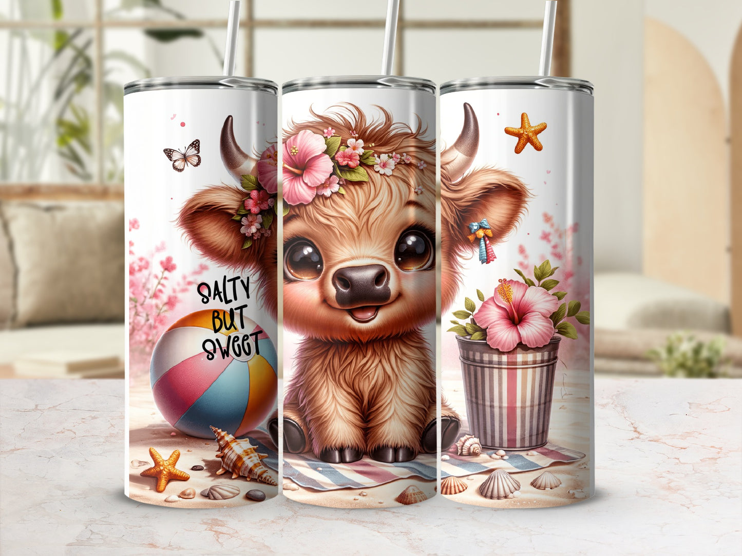 Cute baby cow with flowers, beach ball, and seashells on a tumbler.
