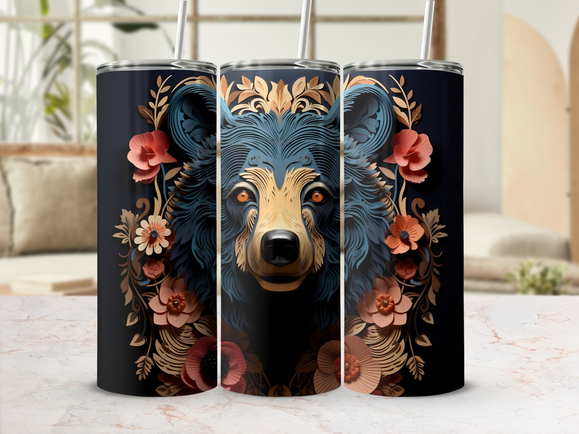 Black bear head with floral accents on a tumbler.