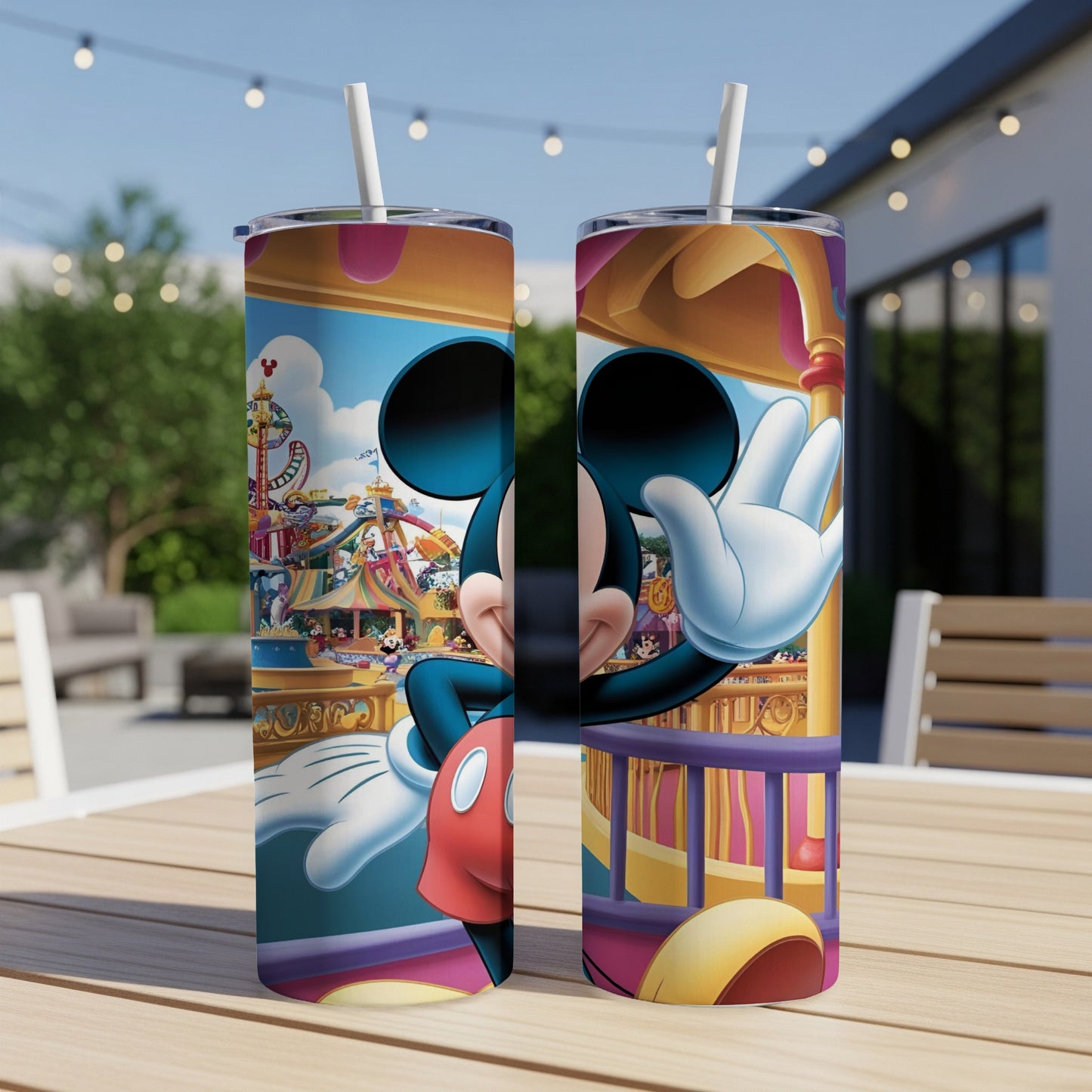 Mickey Mouse waving from a colorful amusement park ride on a skinny tumbler.