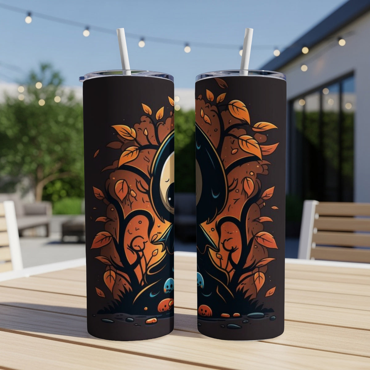 Two tumblers with a Halloween-themed spooky tree and pumpkin design.